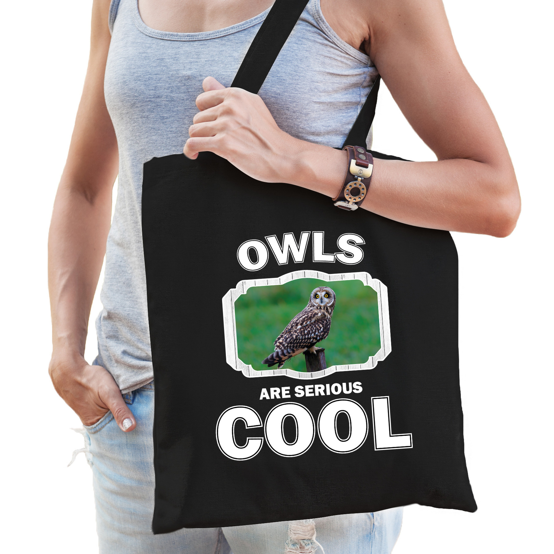 Dieren velduil tasje zwart volwassenen en kinderen owls are cool cadeau boodschappentasje