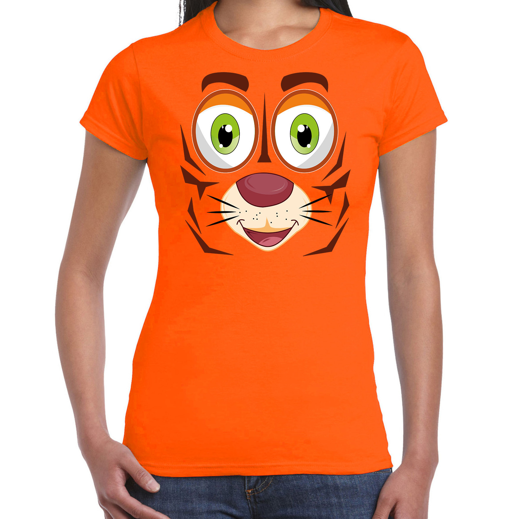 Dieren verkleed t-shirt dames tijger gezicht carnavalskleding oranje
