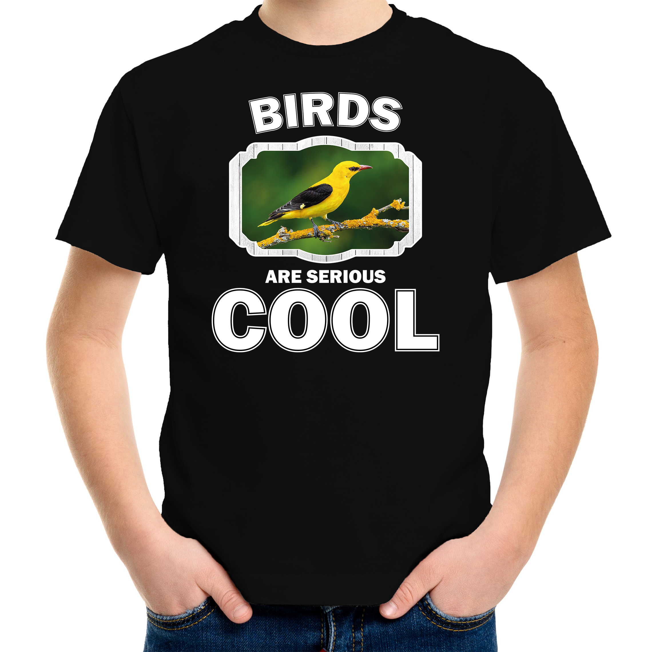 Dieren wielewaal vogel t-shirt zwart kinderen birds are cool shirt jongens en meisjes