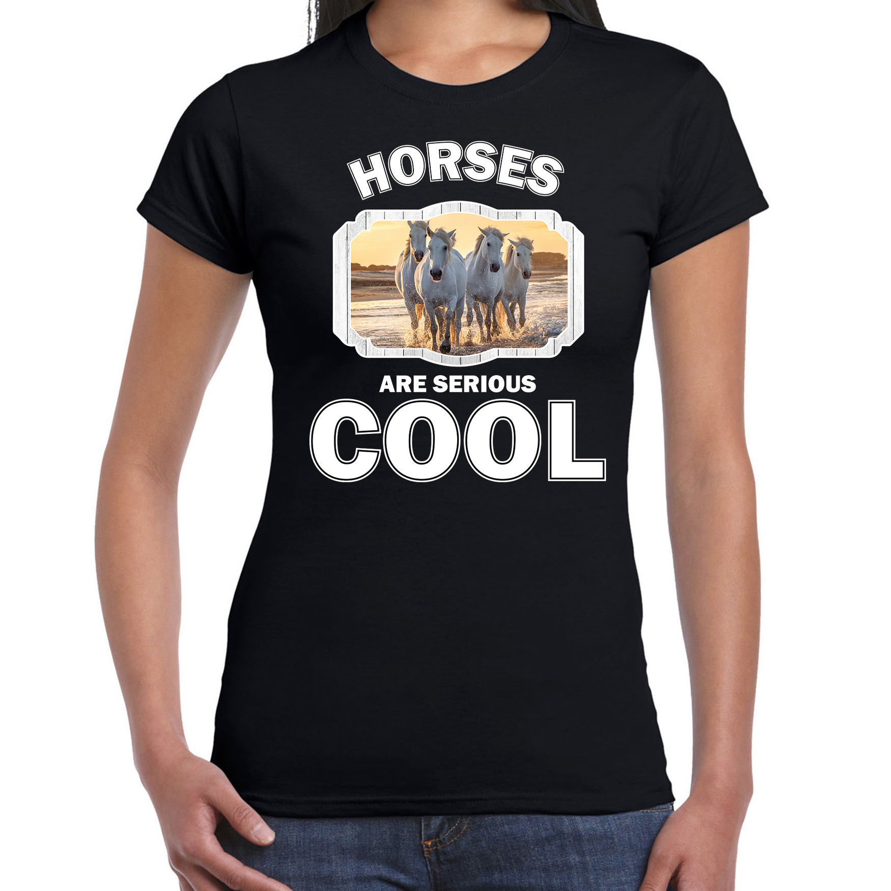 Dieren wit paard t-shirt zwart dames horses are cool shirt