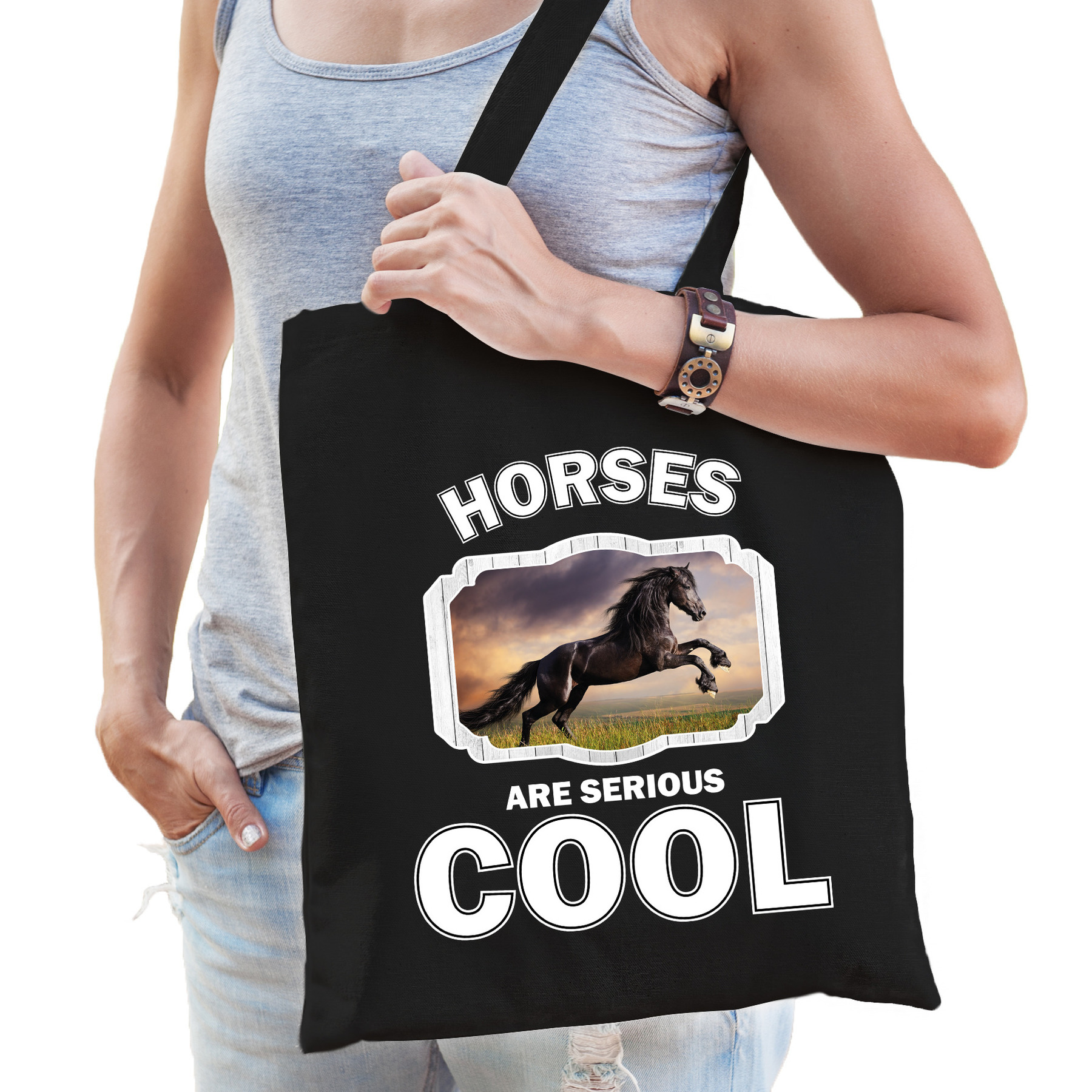 Dieren zwart paard tasje zwart volwassenen en kinderen horses are cool cadeau boodschappentasje