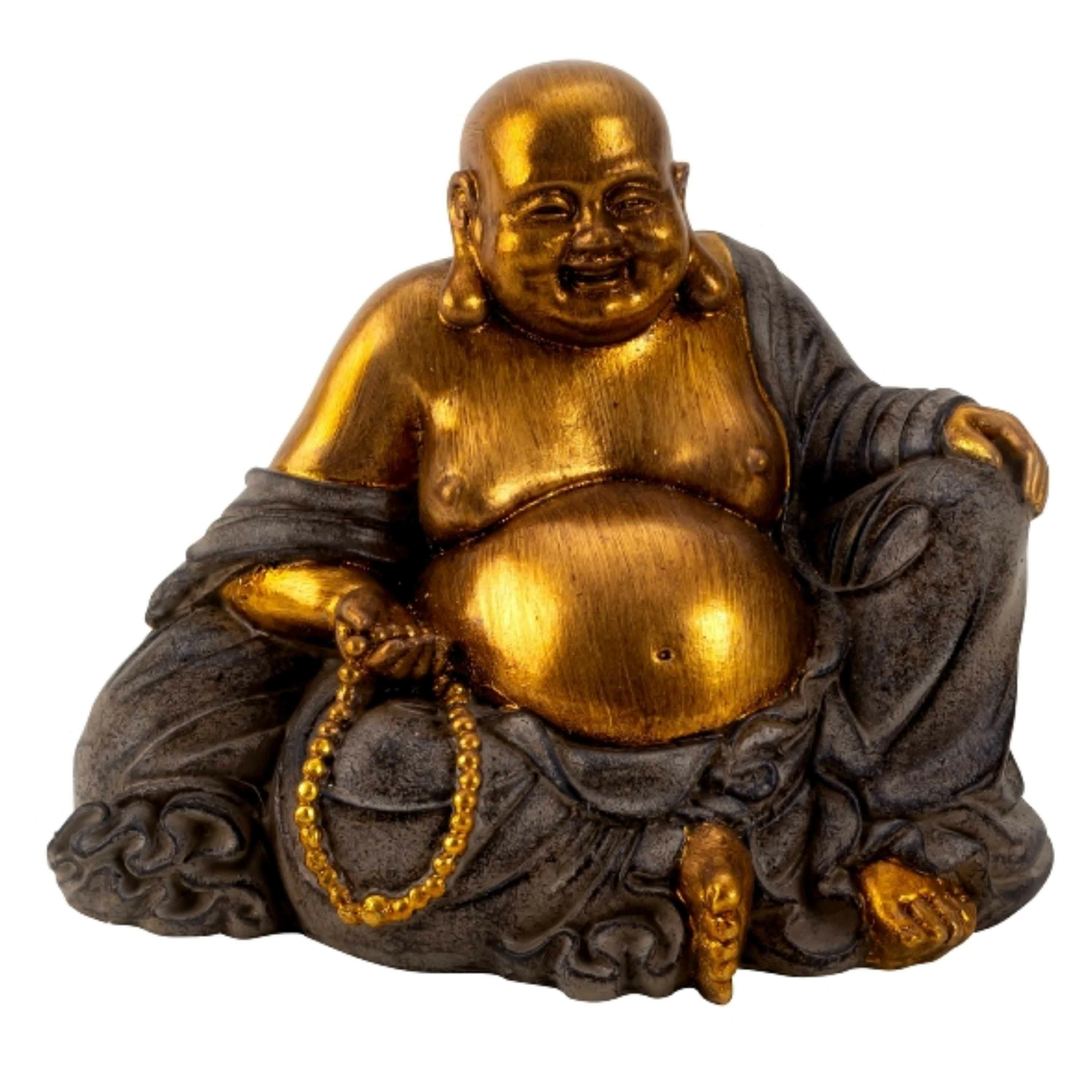 Dikke Happy Boeddha beeldje zittend binnen-buiten kunststeen grijs-goud 17 x 20 cm