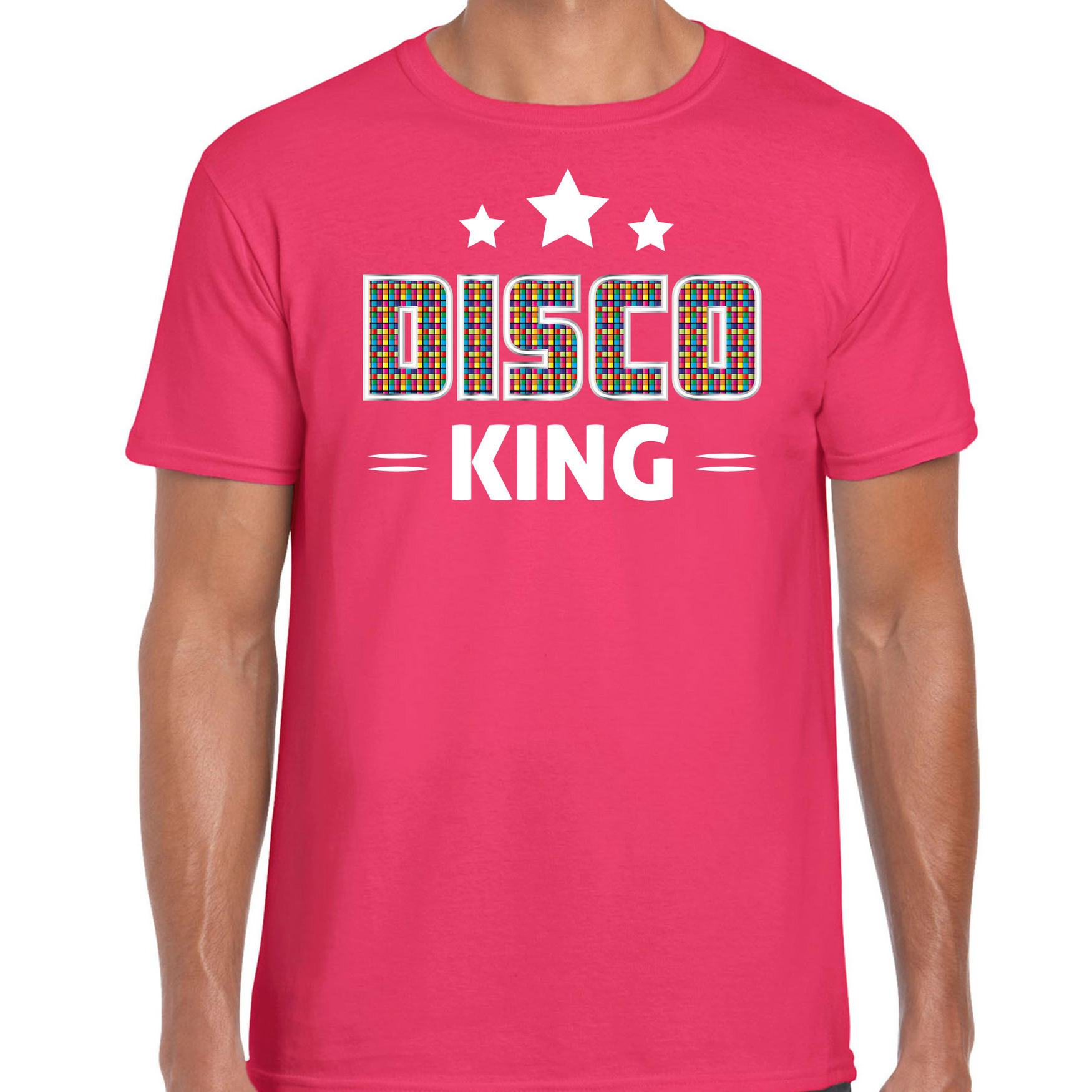 Disco verkleed t-shirt heren jaren 80 feest outfit disco king roze