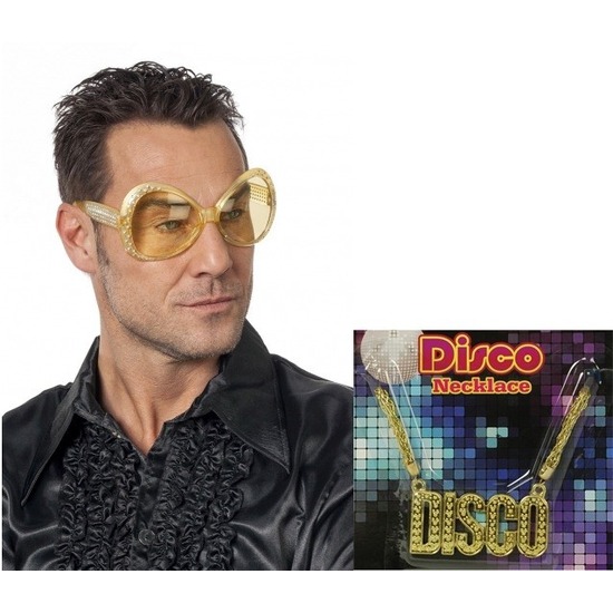 Disco verkleedsetje gouden bril met disco ketting