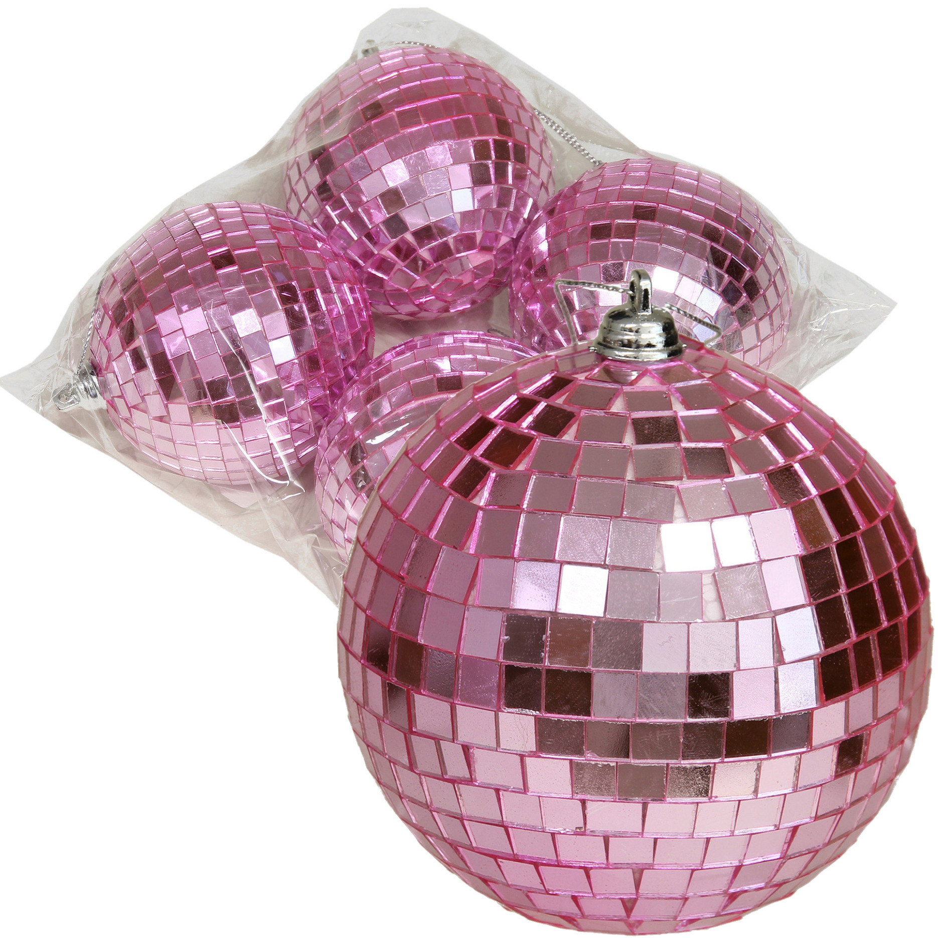 Discobal kerstballen 4x stuks roze 8 cm kunststof