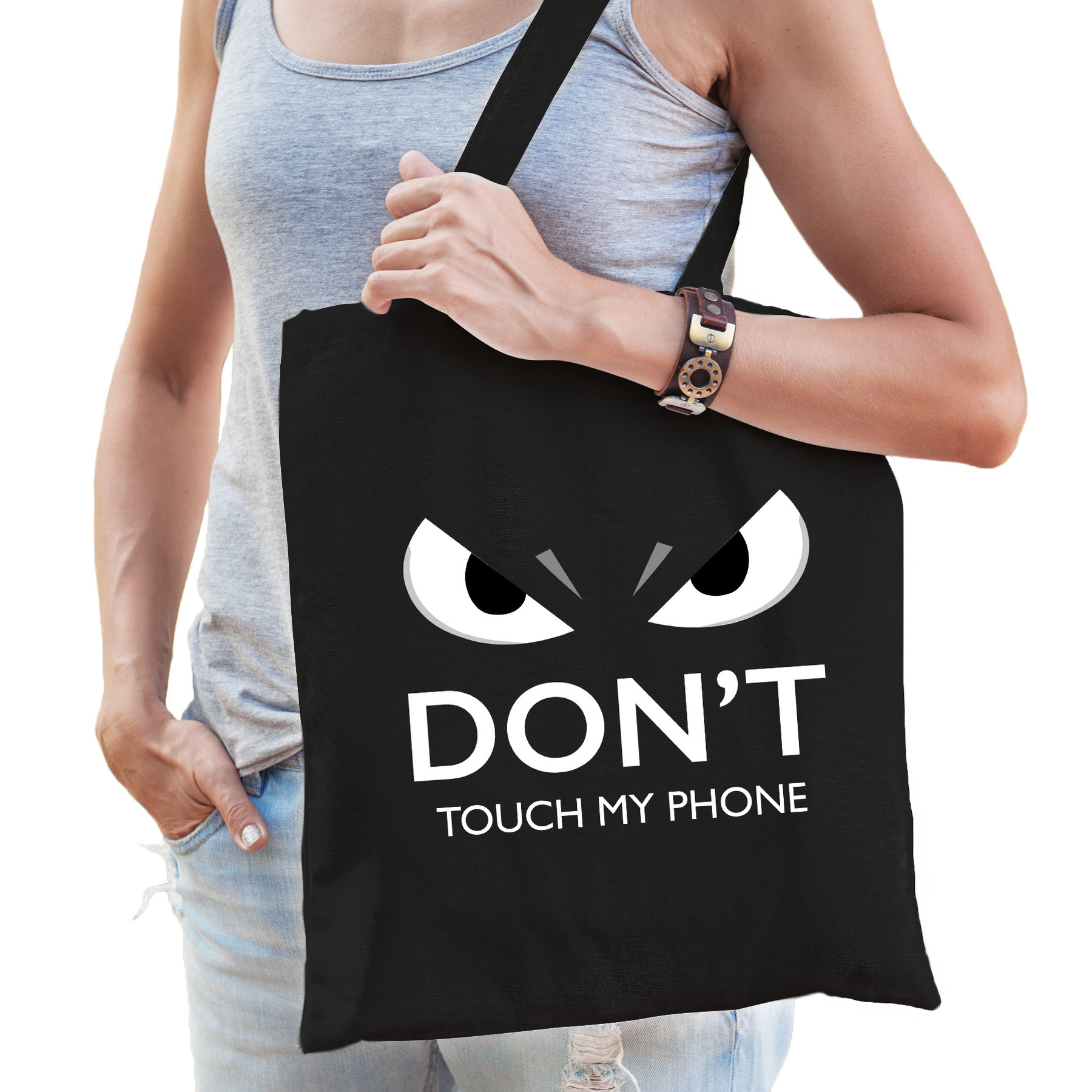 Dont touch telefoon cadeau katoenen tas zwart voor volwassenen