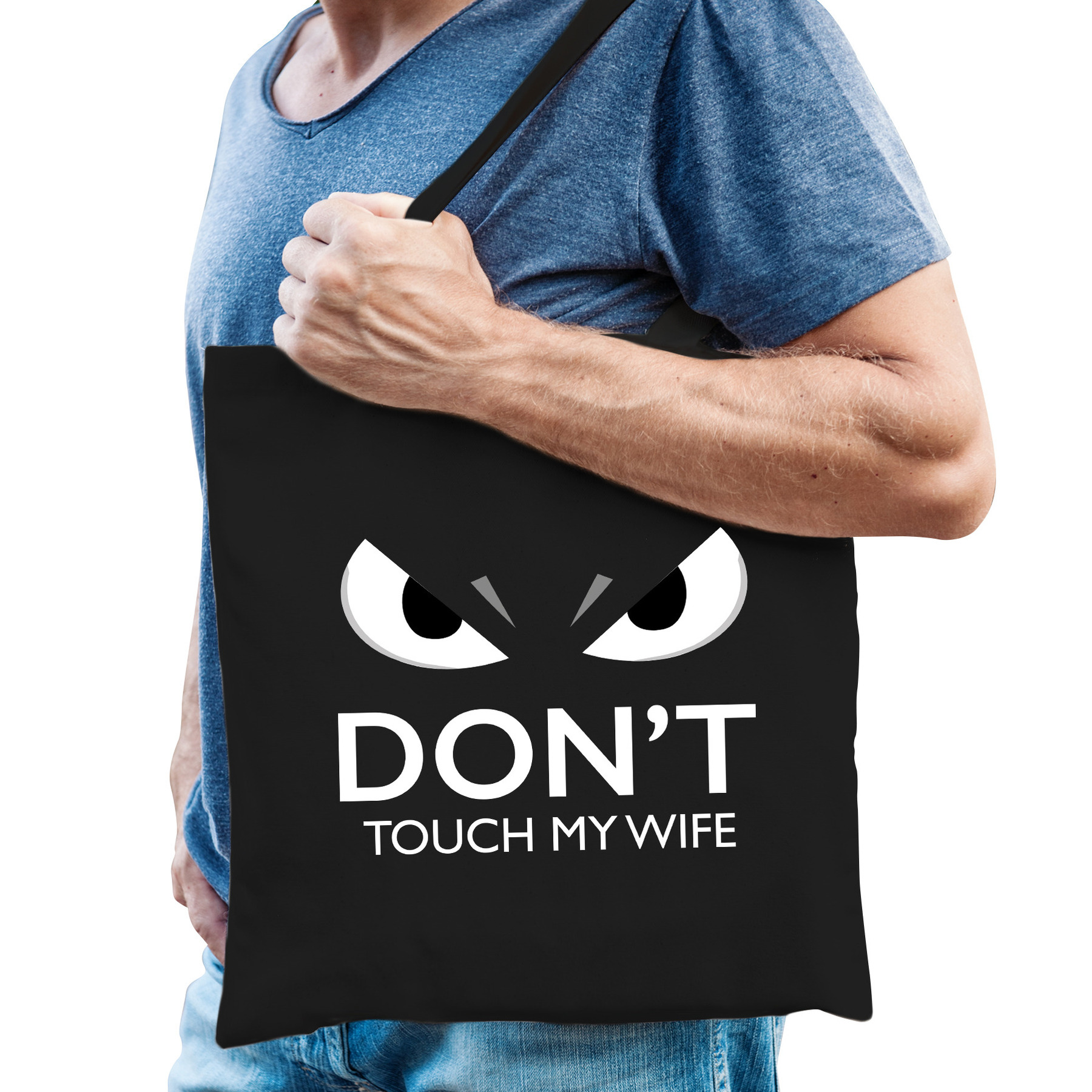 Dont touch wife cadeau katoenen tas zwart voor volwassenen