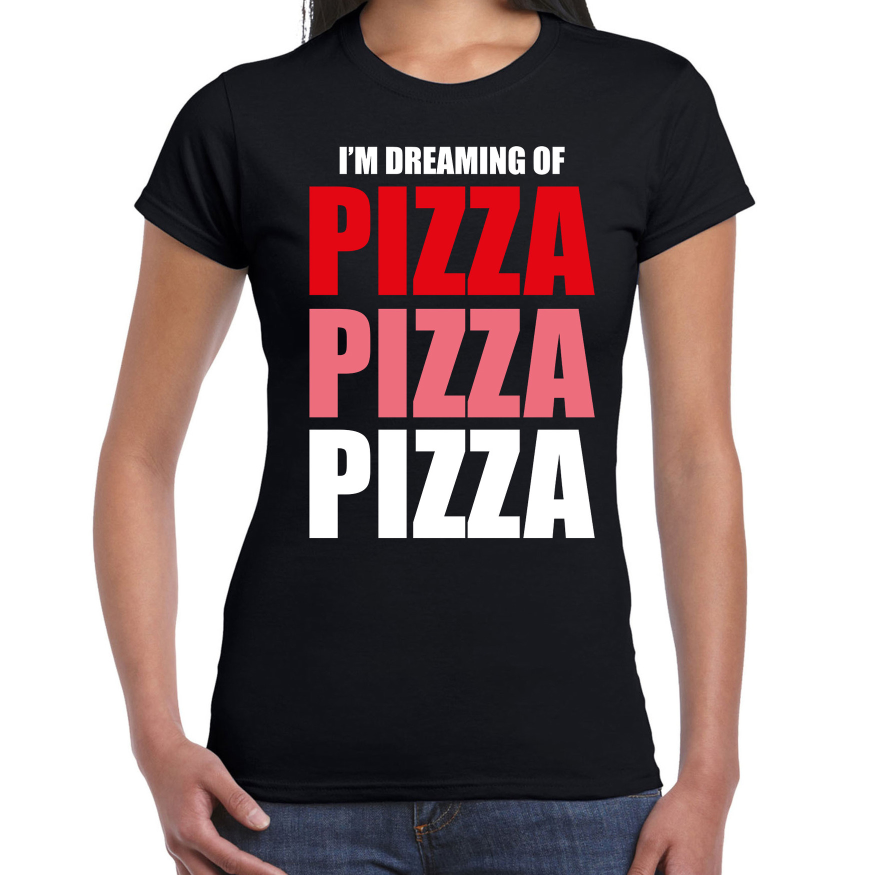 Dreaming of pizza fun t-shirt zwart voor dames