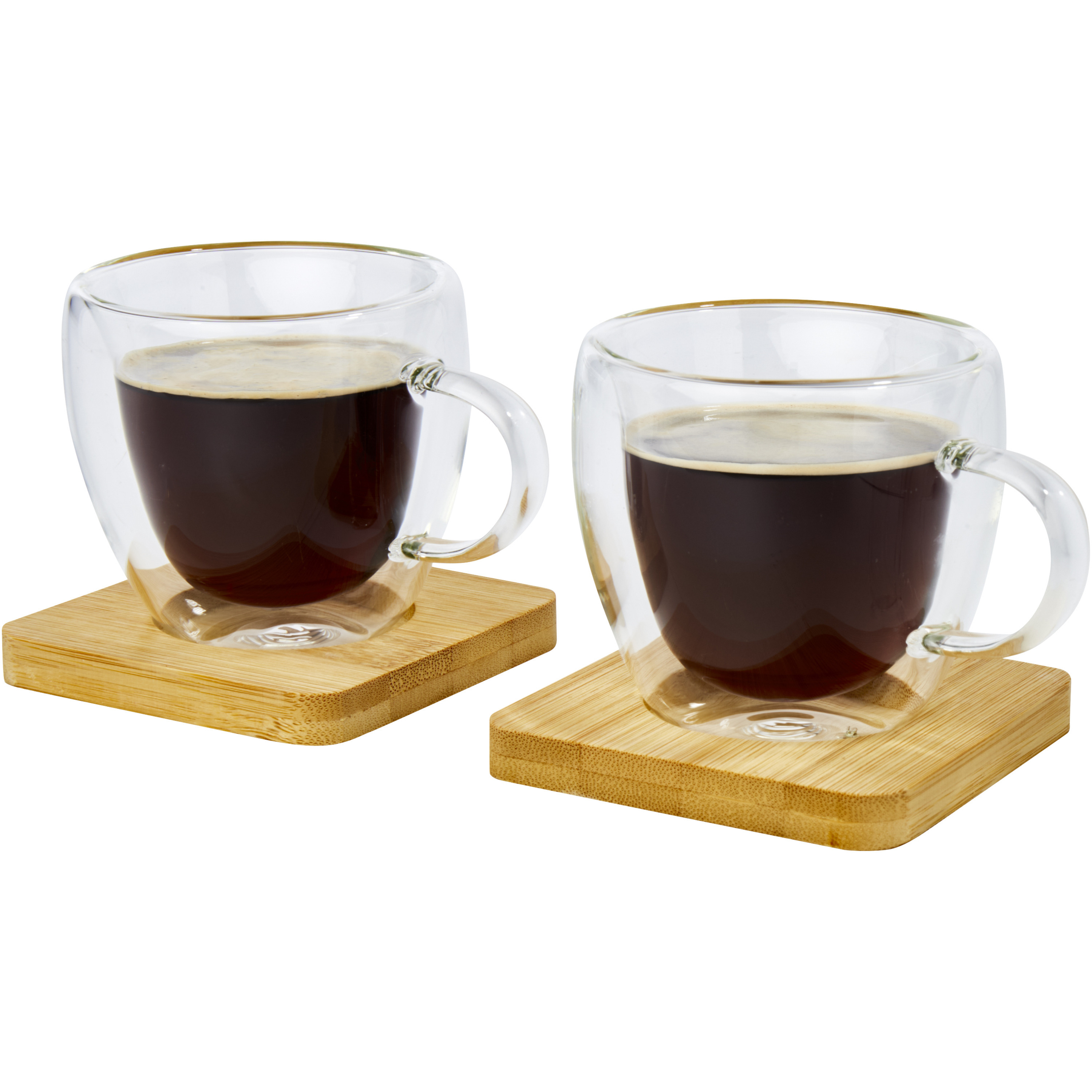 Dubbelwandige koffieglazen-theeglazen 100 ml set van 2x stuks met bamboe onderzetters