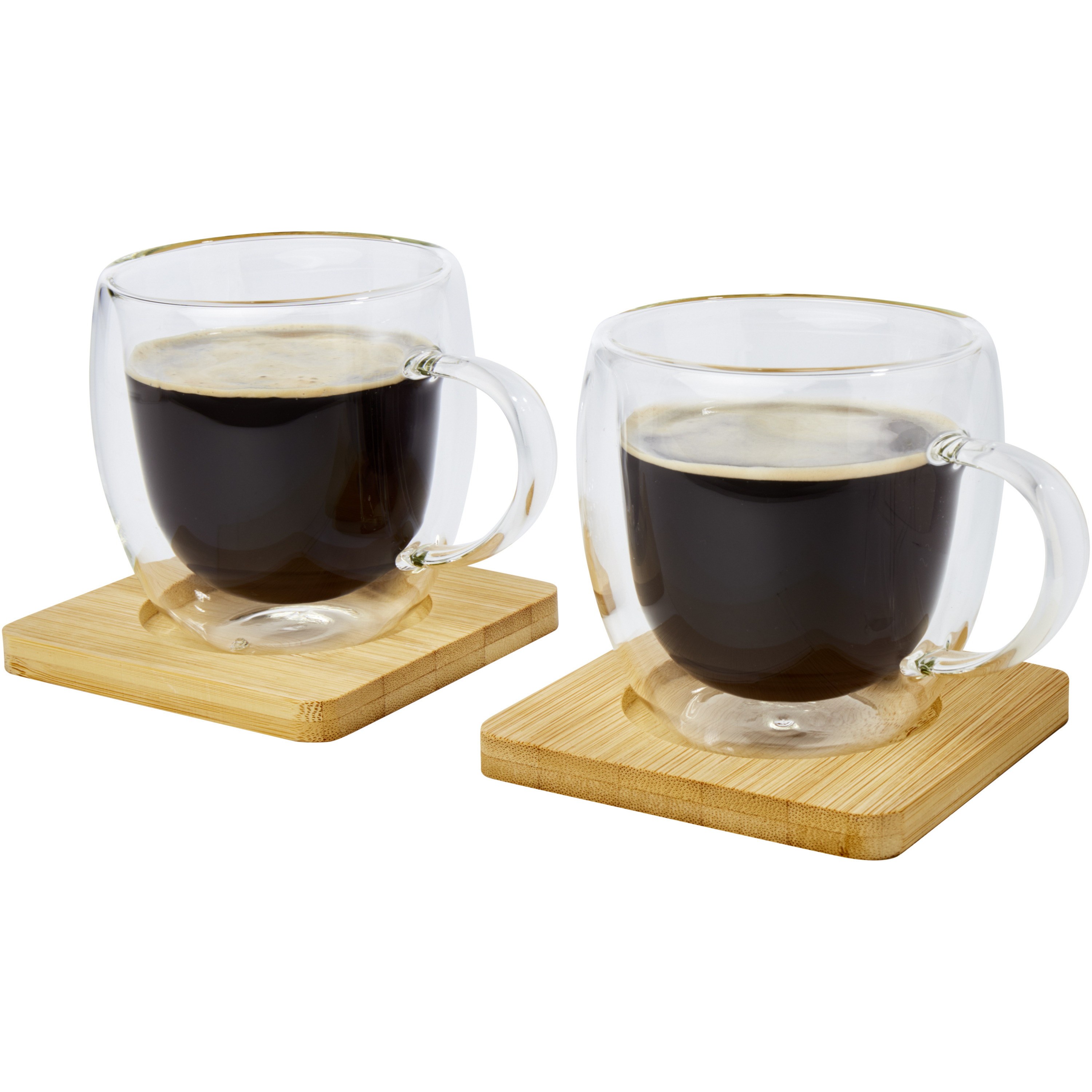 Dubbelwandige koffieglazen-theeglazen 250 ml set van 2x stuks met bamboe onderzetters