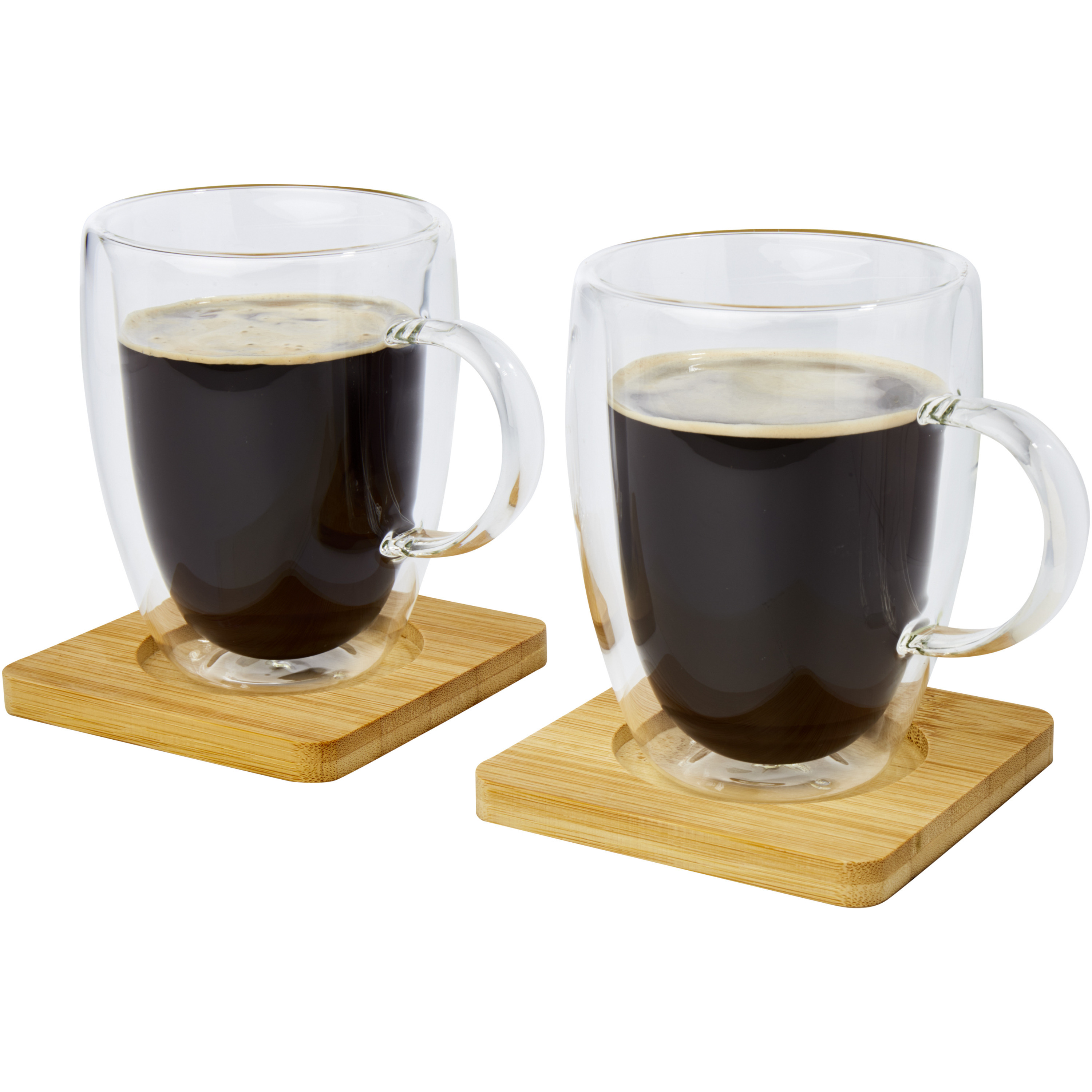 Dubbelwandige koffieglazen-theeglazen 350 ml set van 2x stuks met bamboe onderzetters