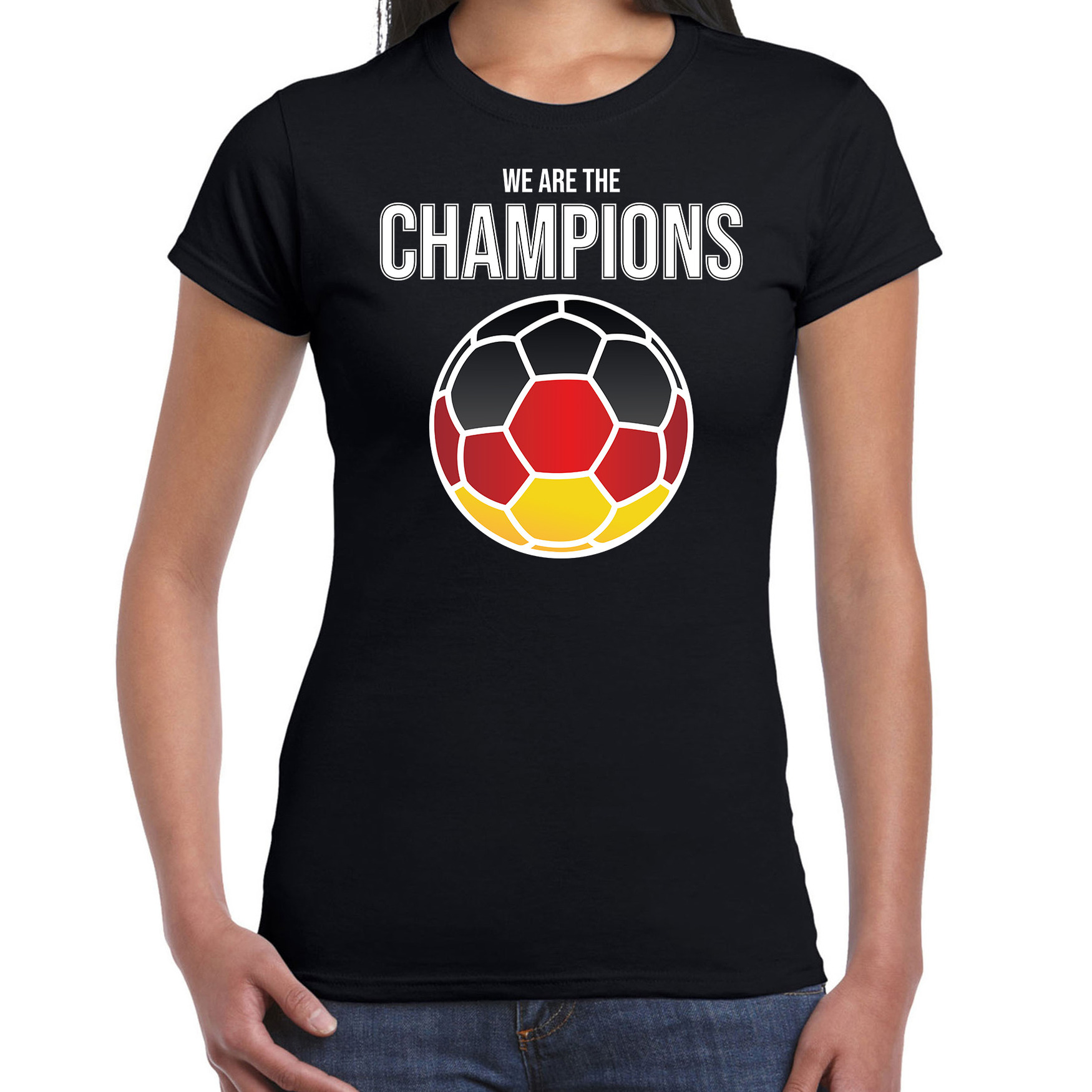 Duitsland EK- WK supporter t-shirt we are the champions met Duitse voetbal zwart dames