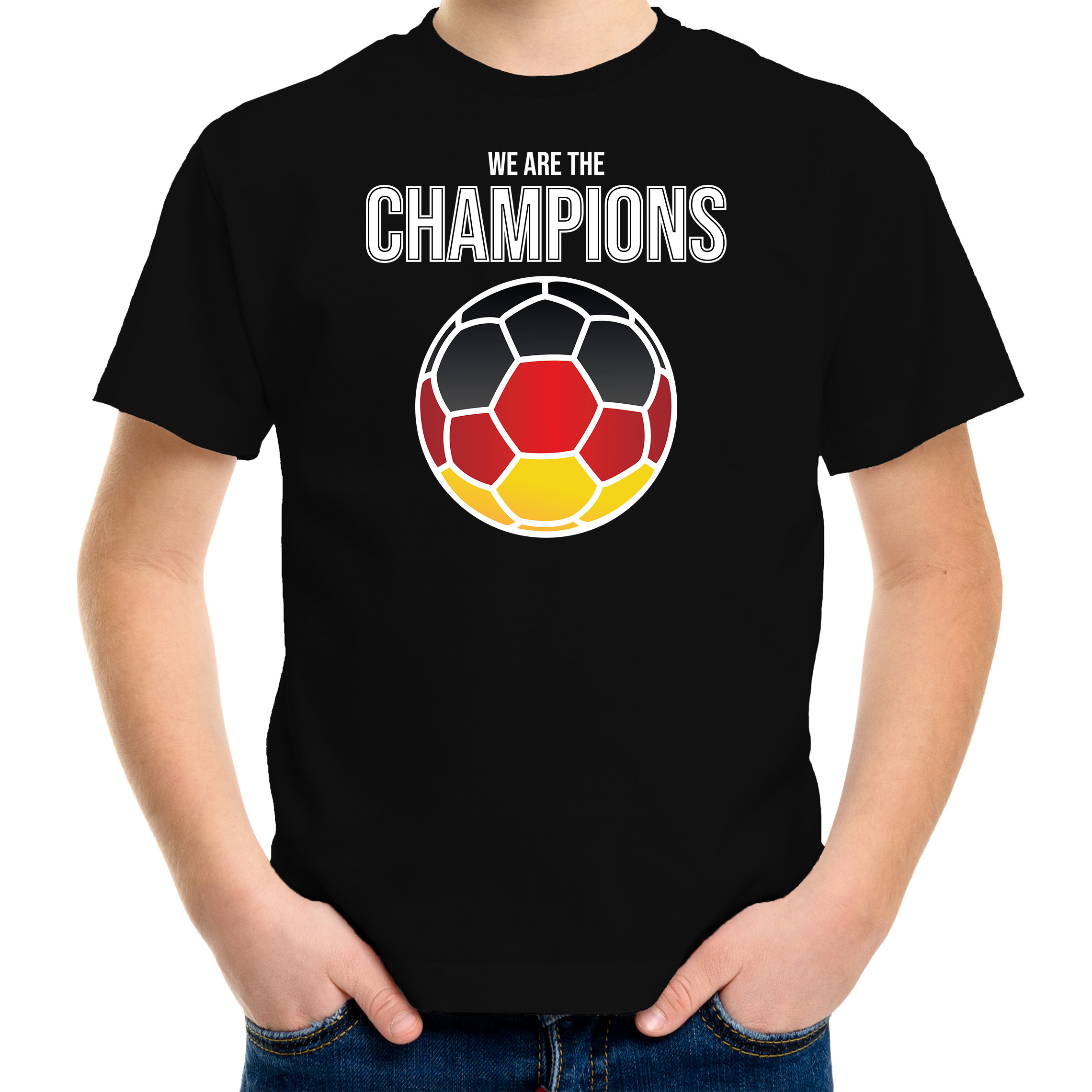 Duitsland EK- WK supporter t-shirt we are the champions met Duitse voetbal zwart kinderen