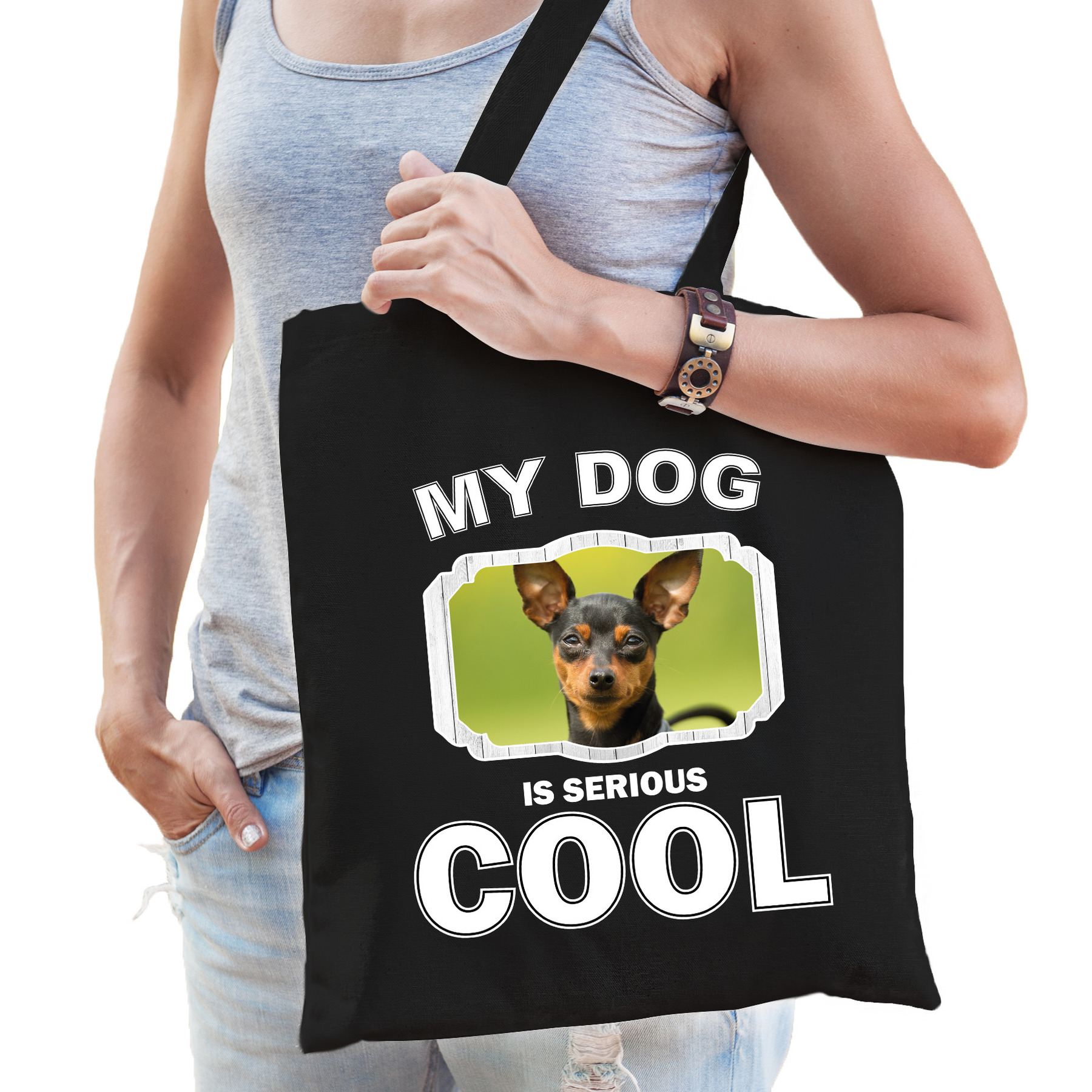 Dwergpinscher honden tasje zwart volwassenen en kinderen my dog serious is cool kado boodschappent