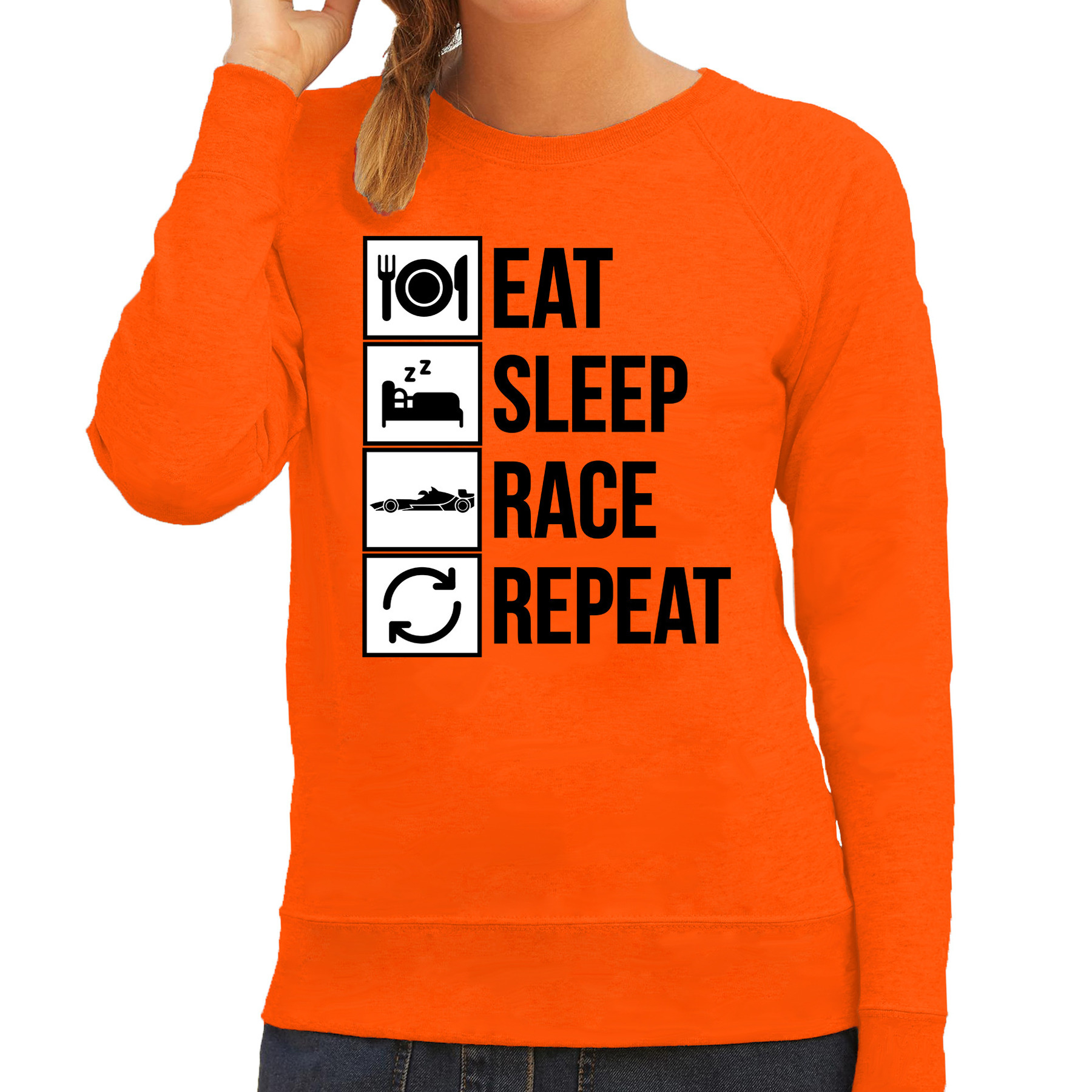 Eat sleep race repeat supporter-race fan sweater oranje voor dames
