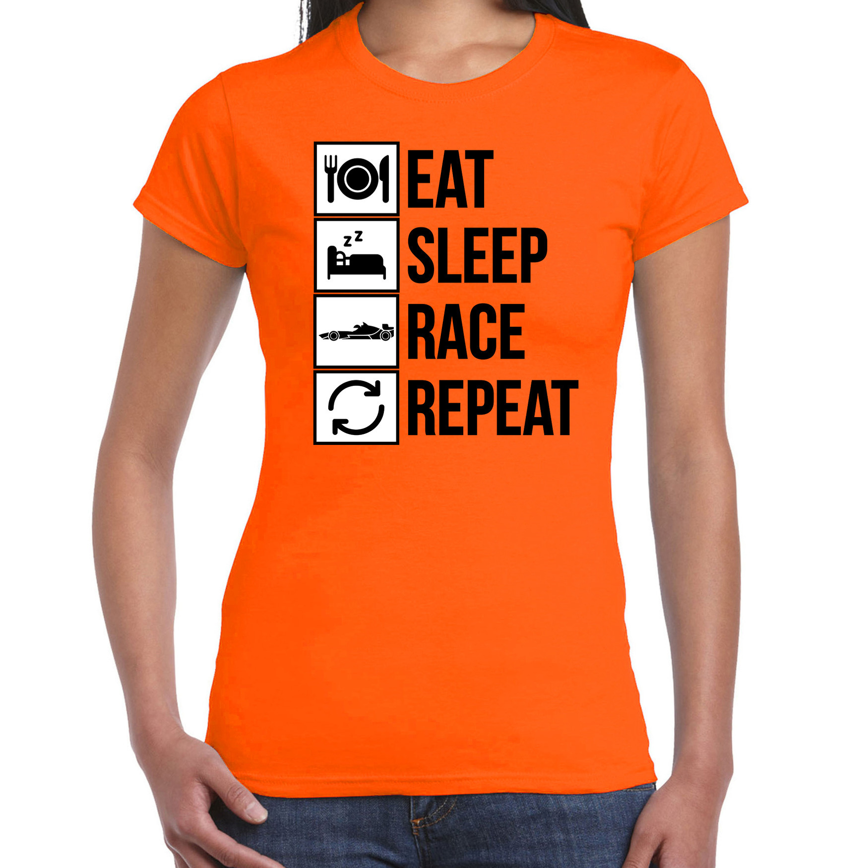 Eat sleep race repeat supporter-race fan t-shirt oranje voor dames