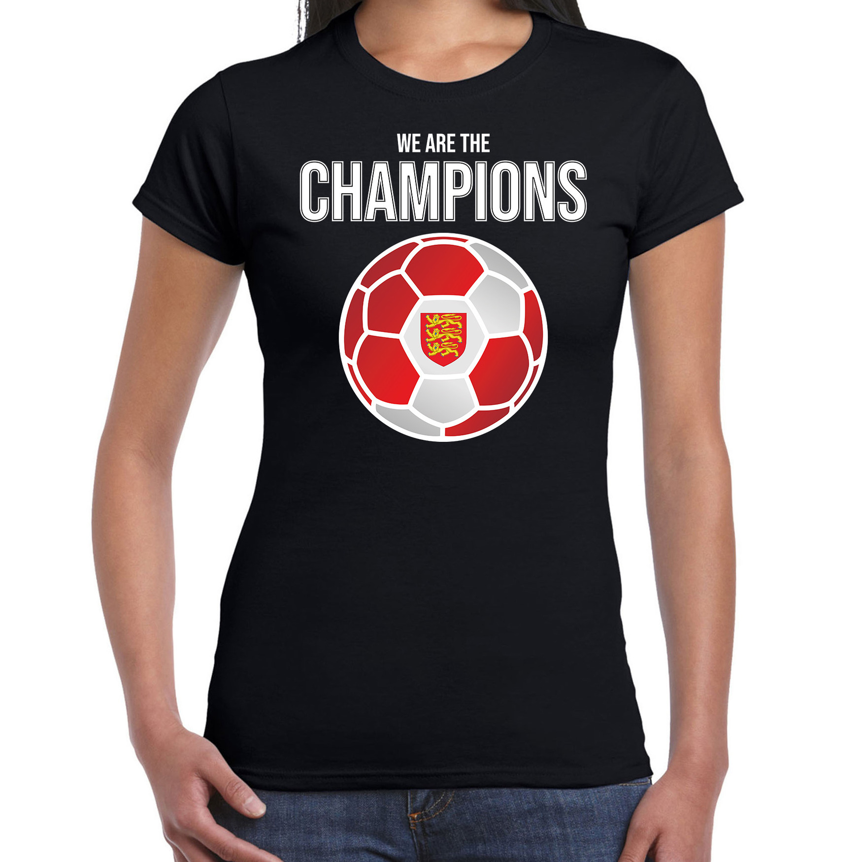Engeland EK- WK supporter t-shirt we are the champions met Engelse voetbal zwart dames