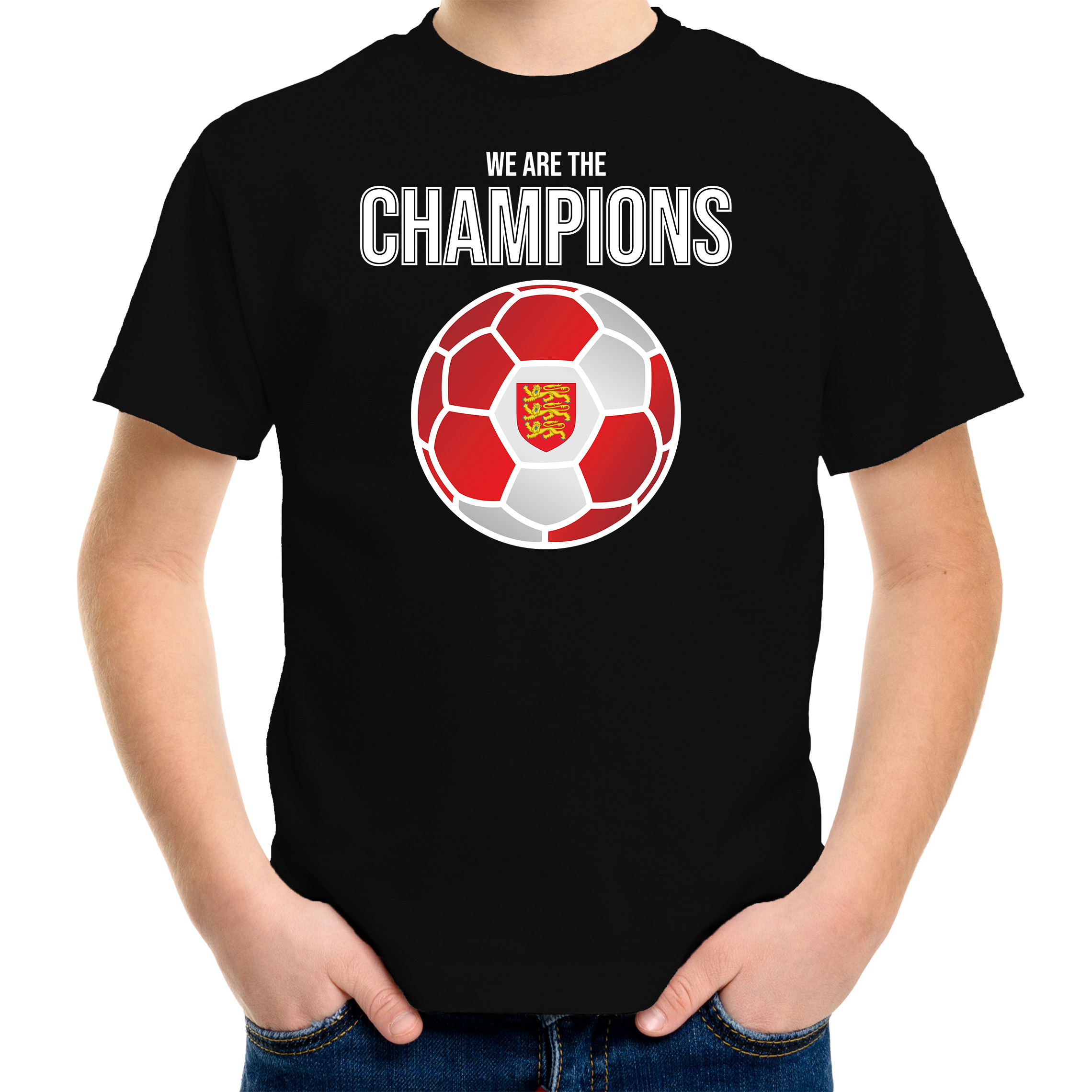Engeland EK- WK supporter t-shirt we are the champions met Engelse voetbal zwart kinderen