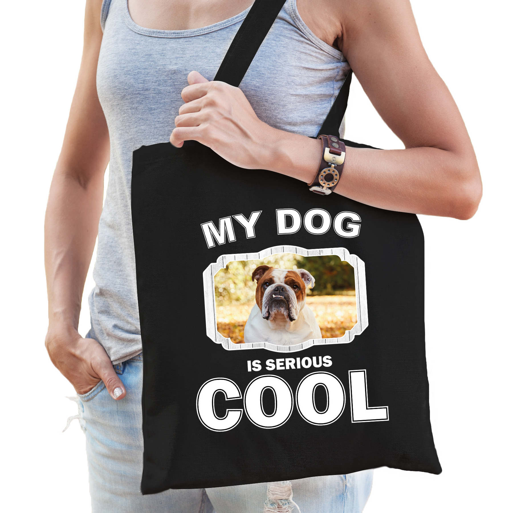 Engelse Bulldog honden tasje zwart volwassenen en kinderen my dog is cool kado boodschappen