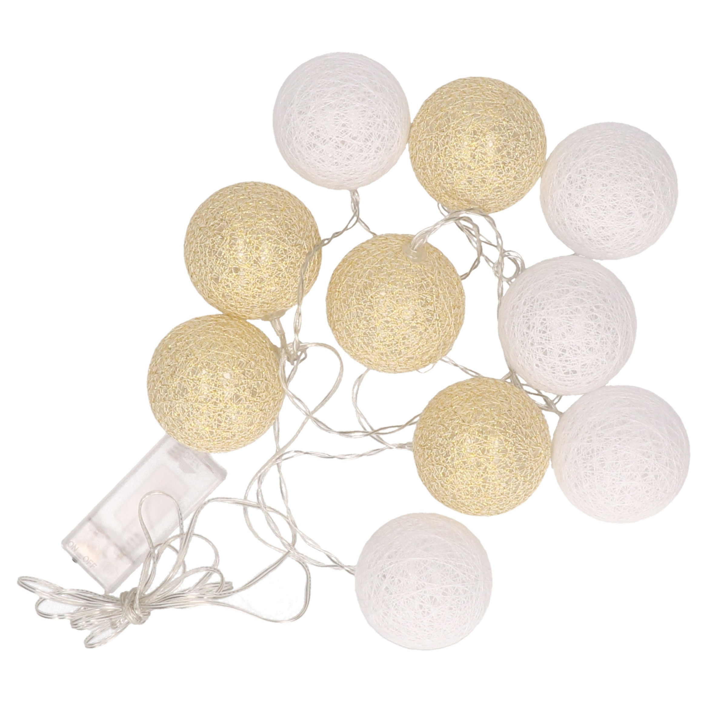 Feestverlichting lichtsnoer met katoenen balletjes wit-goud 300 cm
