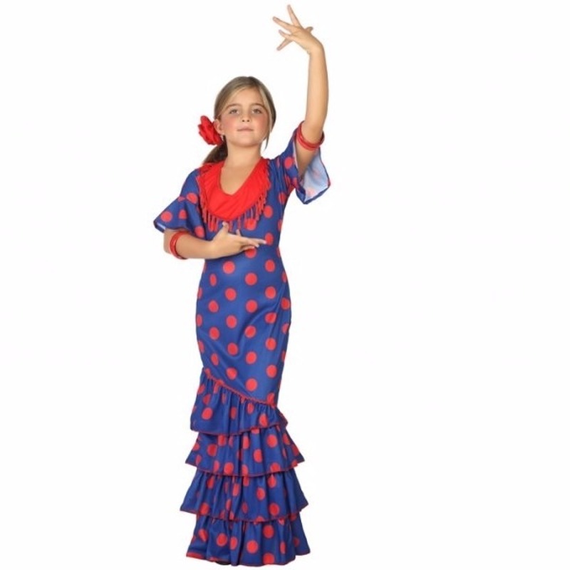 Flamenco jurk blauw met polkadots voor meisjes