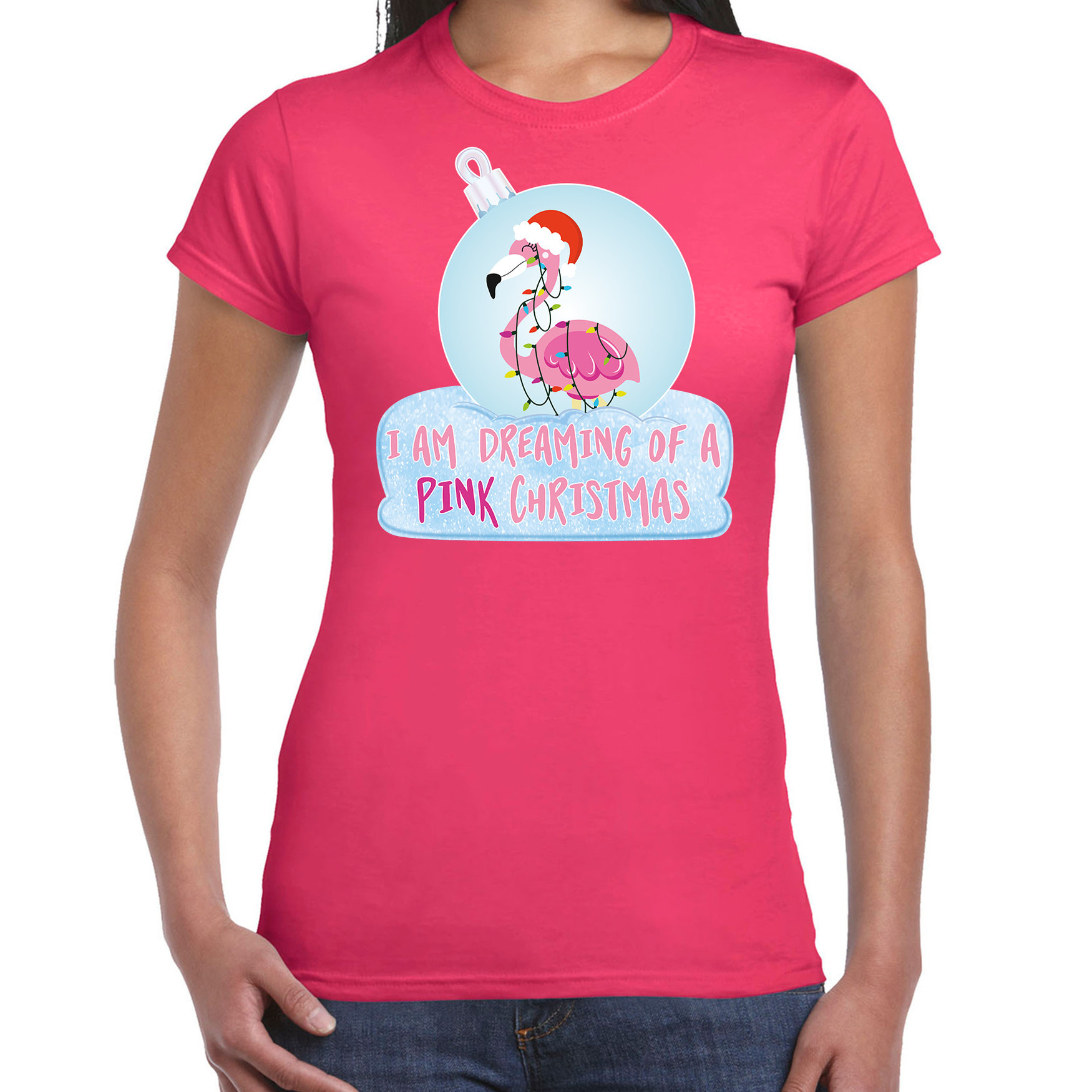 Flamingo Kerstbal shirt-Kerst outfit I am dreaming of a pink Christmas roze voor dames