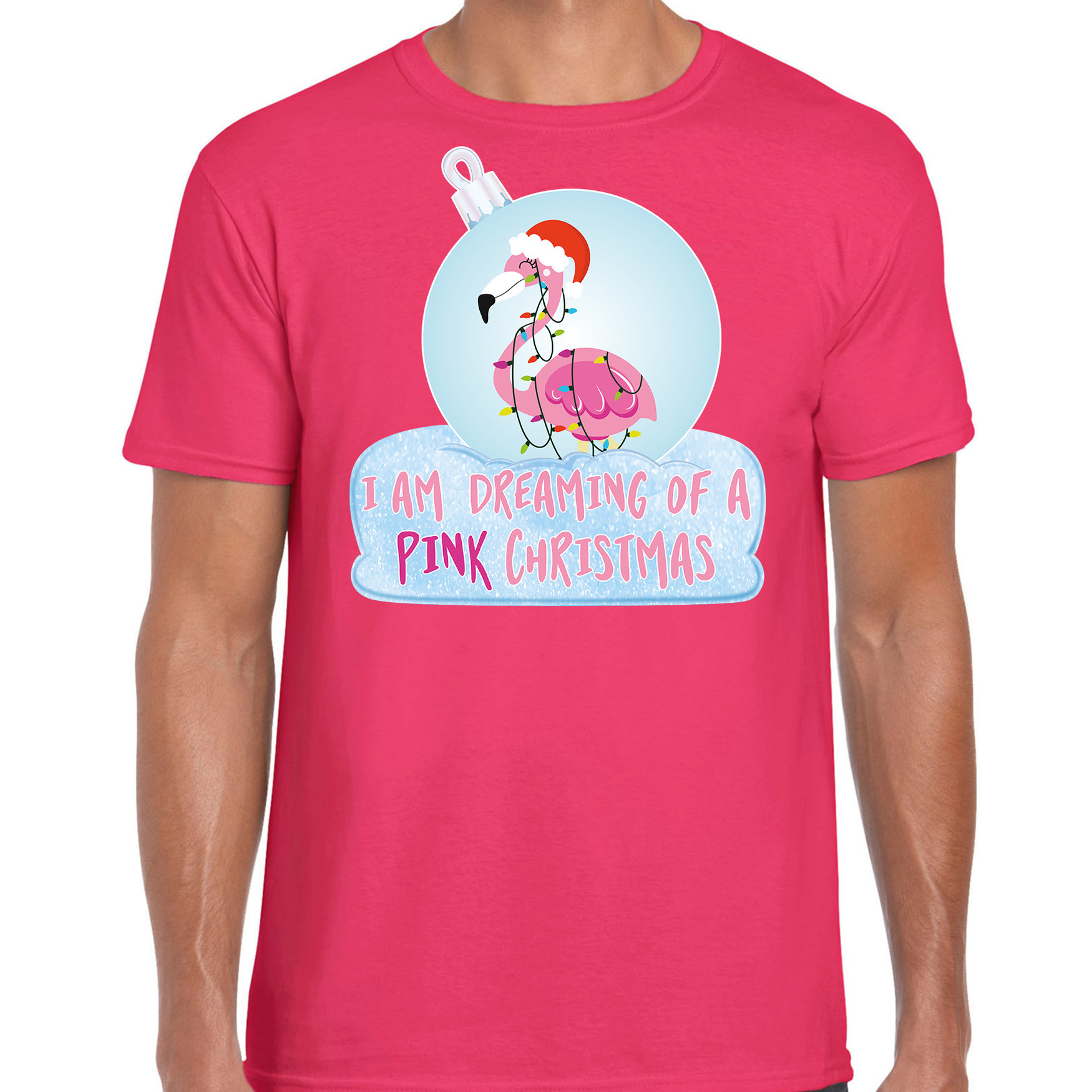 Flamingo Kerstbal shirt-Kerst outfit I am dreaming of a pink Christmas roze voor heren
