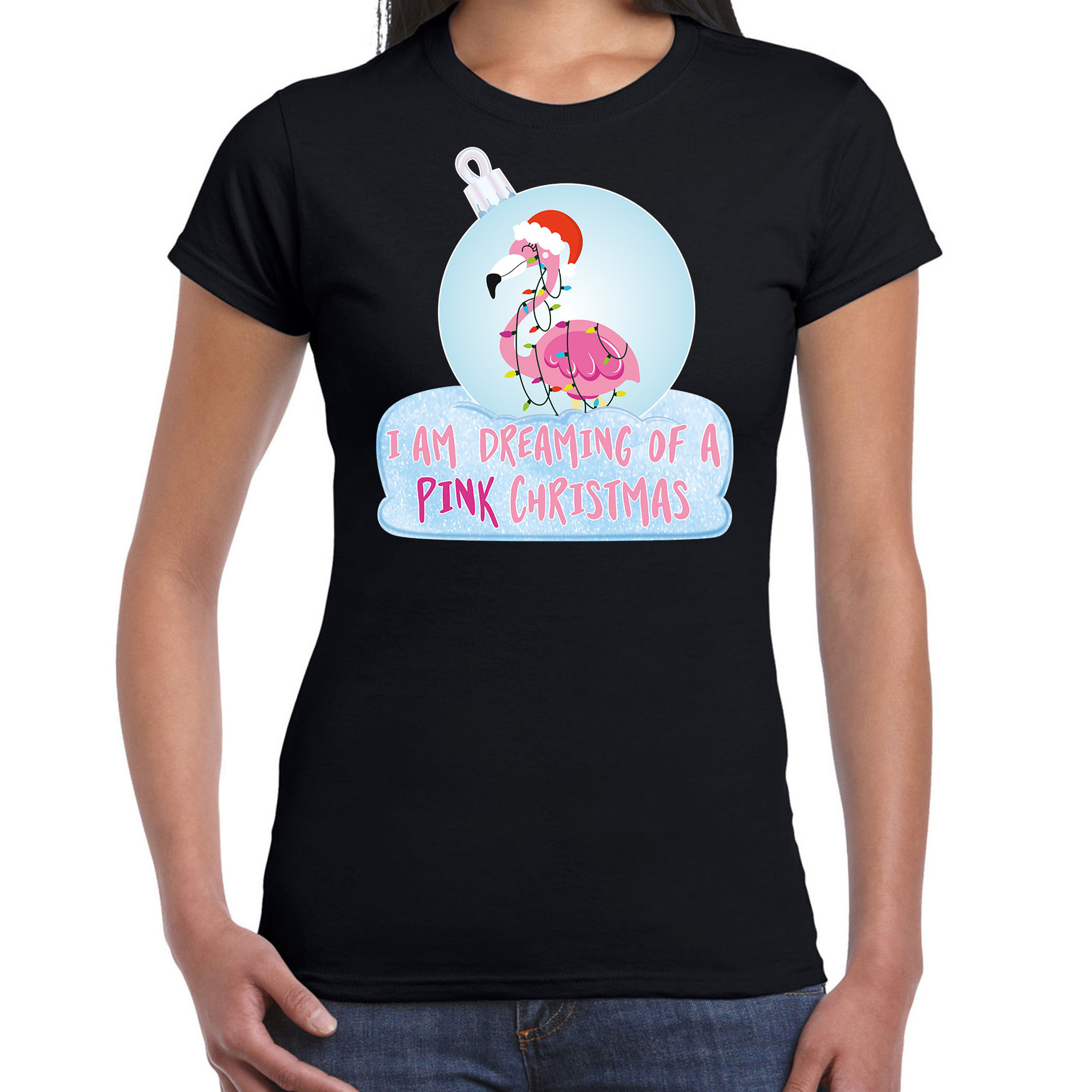 Flamingo Kerstbal shirt-Kerst outfit I am dreaming of a pink Christmas zwart voor dames
