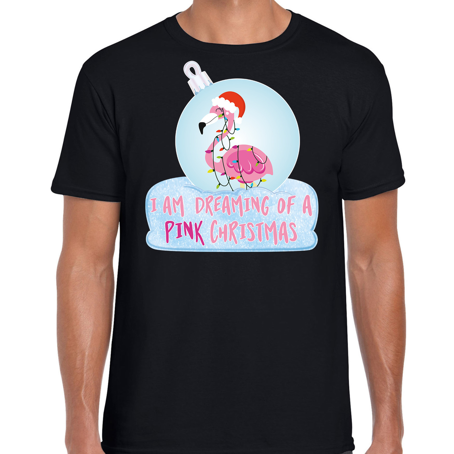 Flamingo Kerstbal shirt-Kerst outfit I am dreaming of a pink Christmas zwart voor heren
