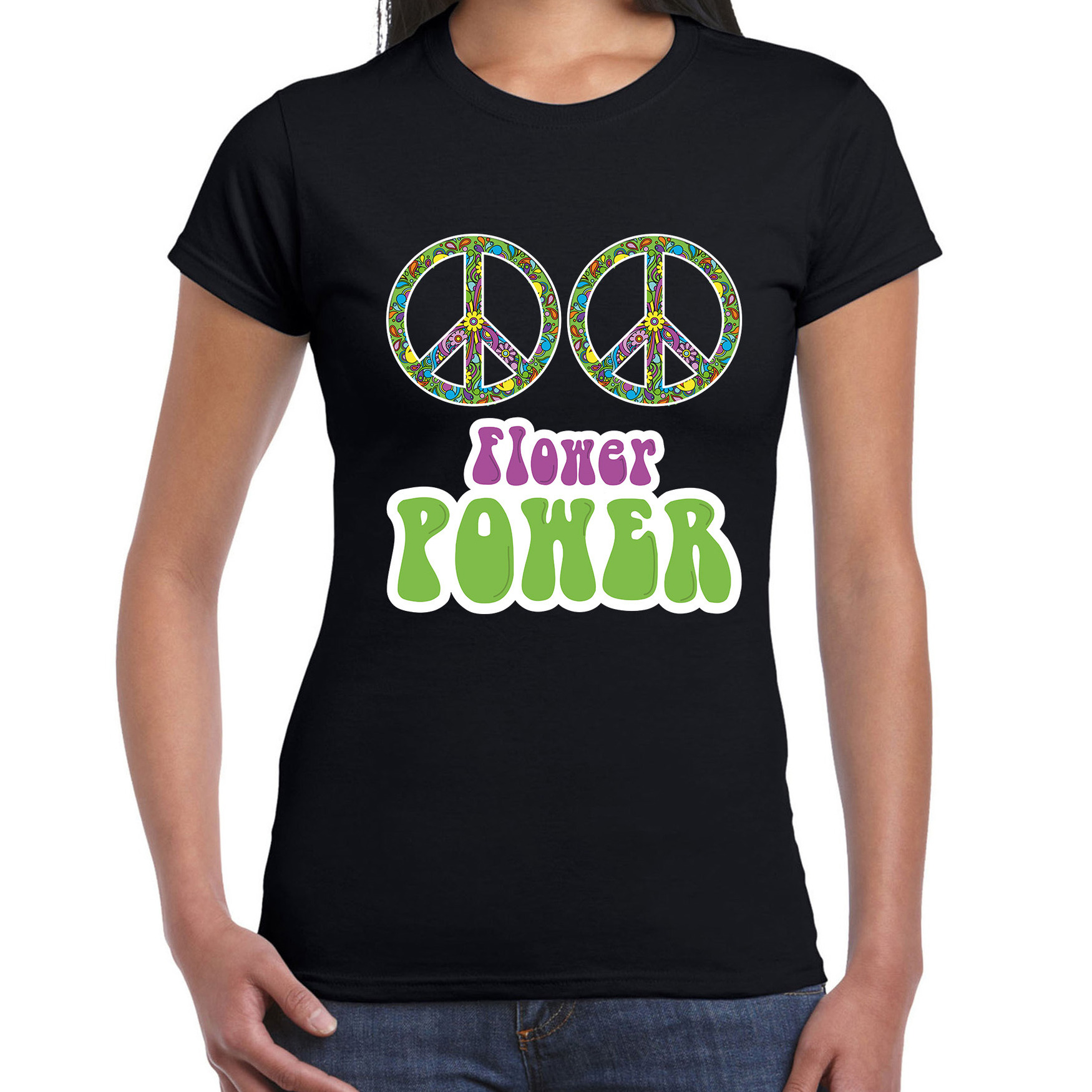Flower power boobs t-shirt zwart dames