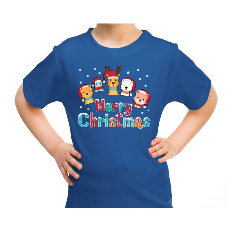 Fout kerst shirt-t-shirt dieren Merry christmas blauw kids