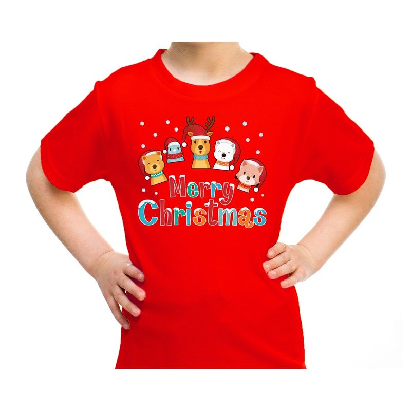 Fout kerst shirt-t-shirt dieren Merry christmas rood kids