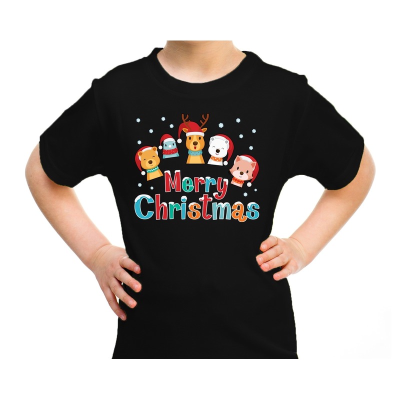 Fout kerst shirt-t-shirt dieren Merry christmas zwart kids