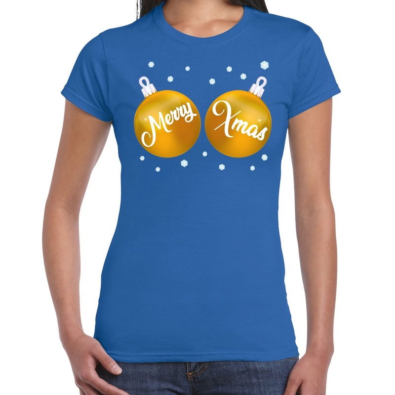 Fout kerst t-shirt blauw met gouden merry Xmas ballen voor dames