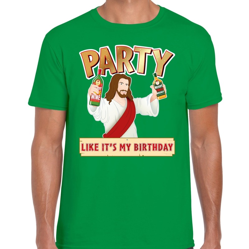 Fout kerst t-shirt groen met party Jezusvoor heren