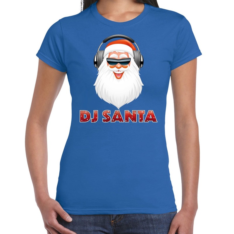 Fout kerstshirt blauw DJ Santa met koptelefoon voor dames