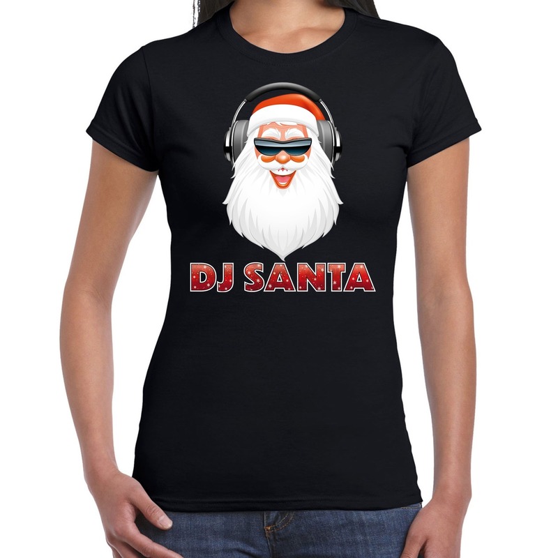 Fout kerstshirt zwart DJ Santa met koptelefoon voor dames