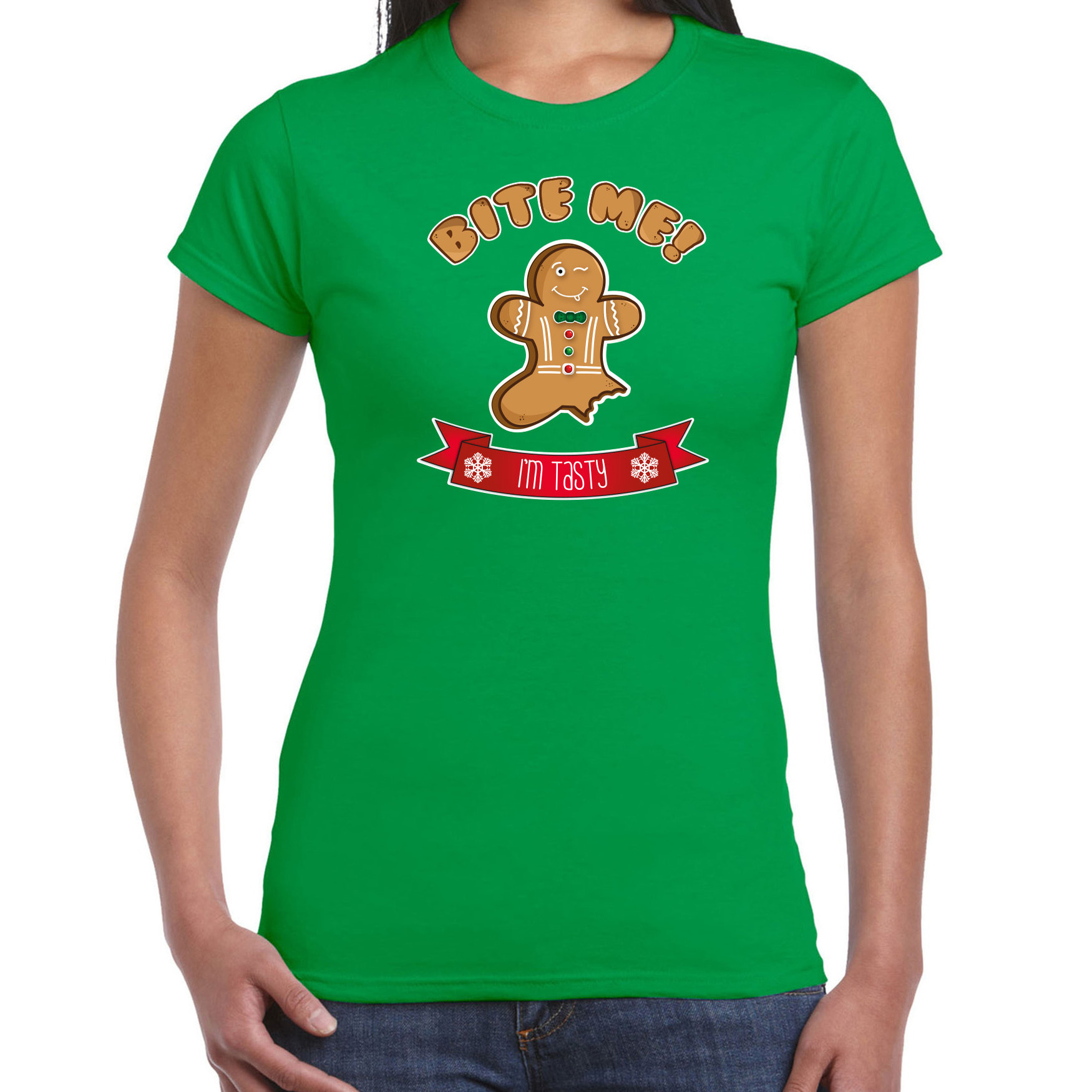Fout kersttrui t-shirt voor dames Gingerbread koekemannetje green Bite Me
