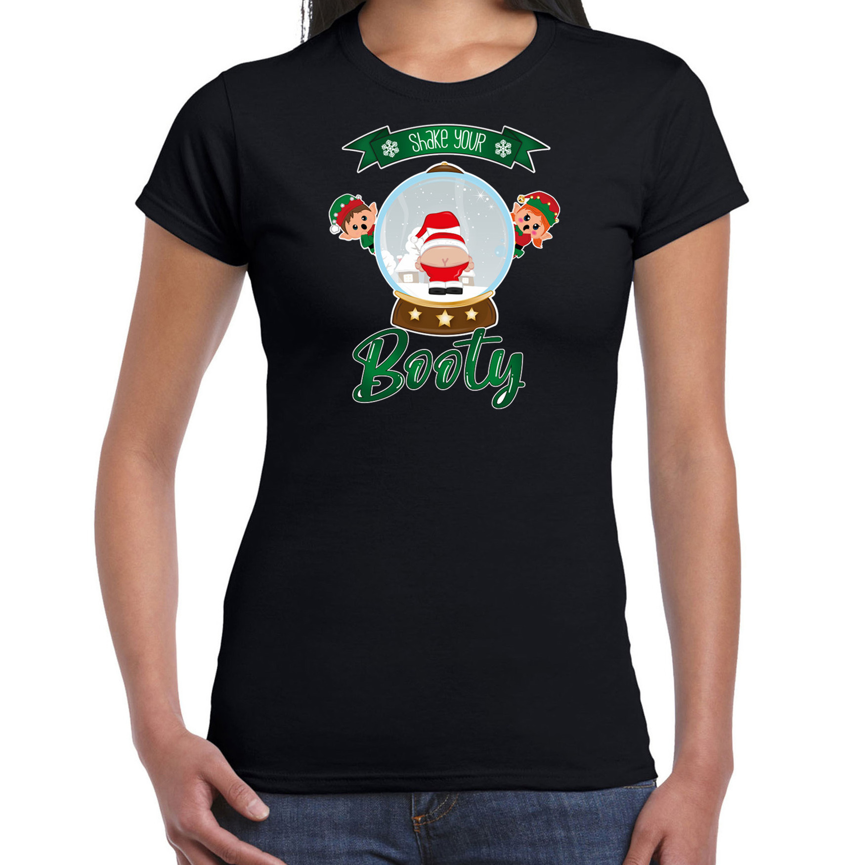 Fout kersttrui t-shirt voor dames Kerstman sneeuwbol zwart Shake Your Booty