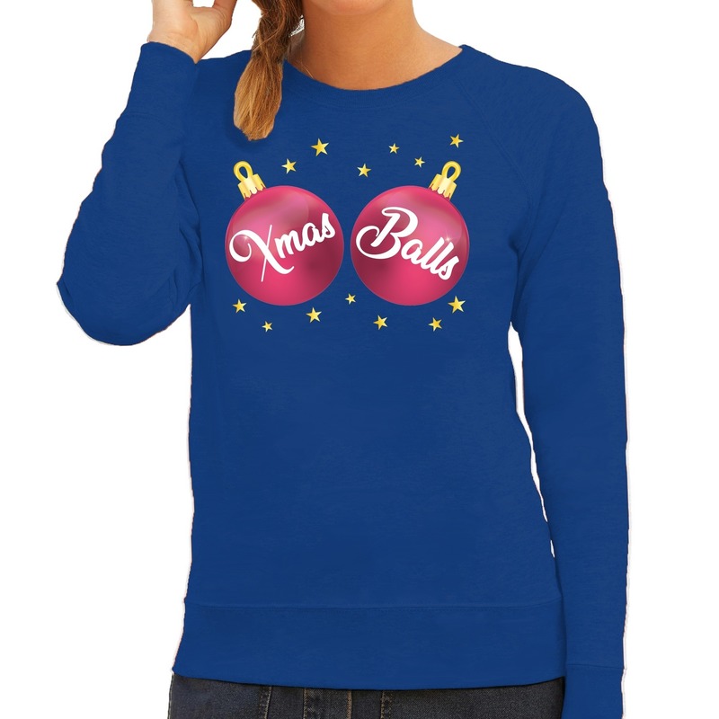 Foute kersttrui-sweater blauw met roze Xmas Balls voor dames