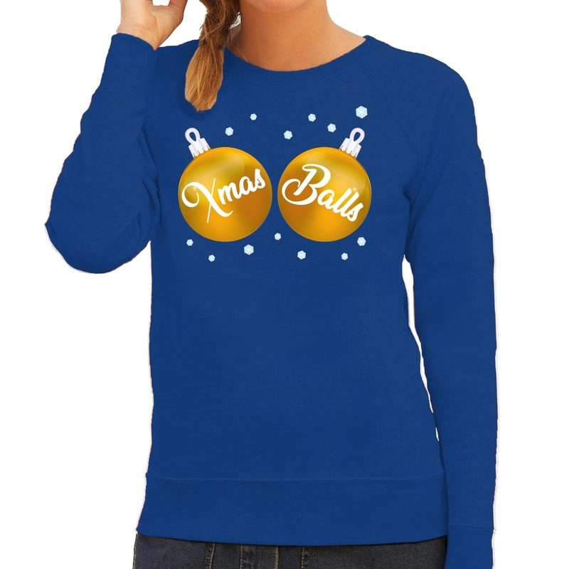 Foute kersttrui-sweater blauw met Xmas Balls voor dames