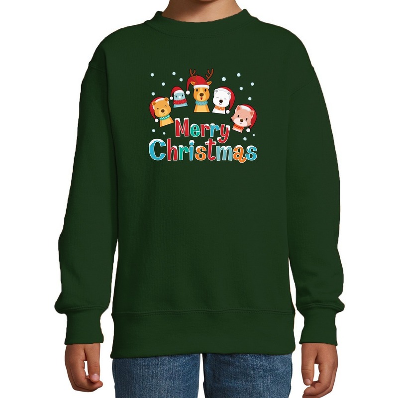 Foute kersttrui-sweater dieren Merry christmas groen kids