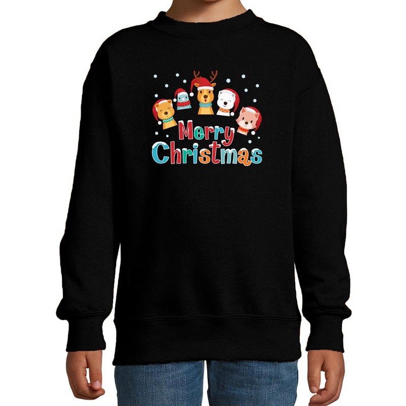 Foute kersttrui-sweater dieren Merry christmas zwart kids