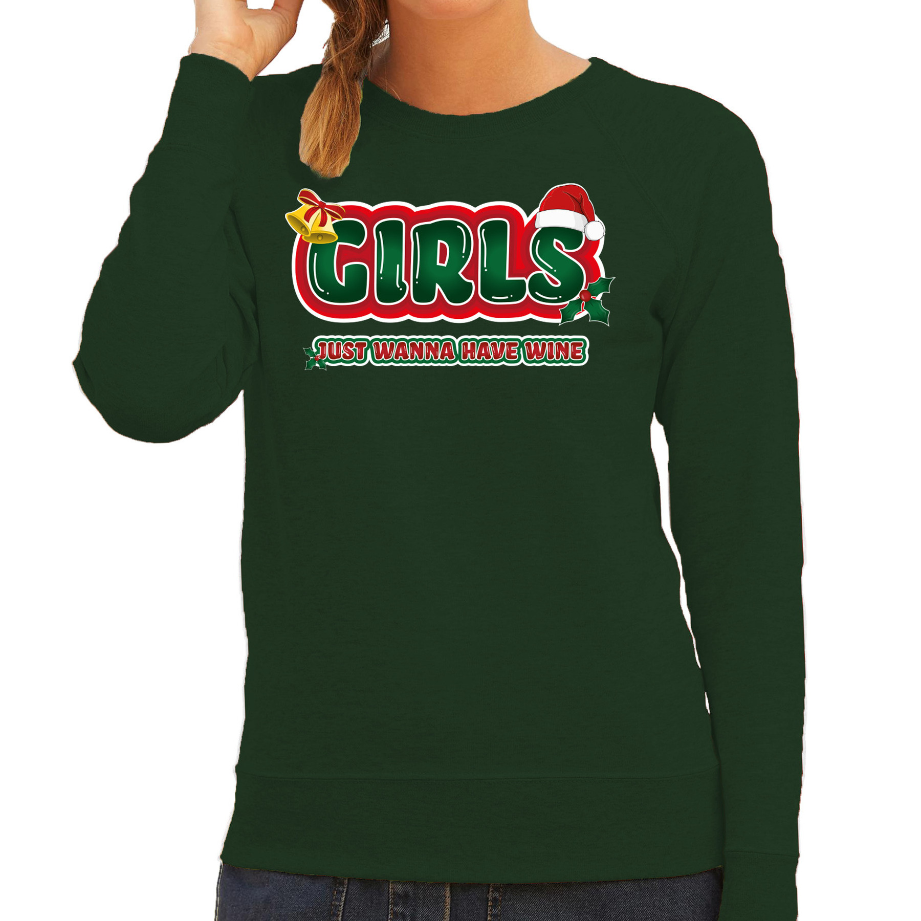 Foute kersttrui-sweater voor dames girls just wanna have wine groen-rood wijn