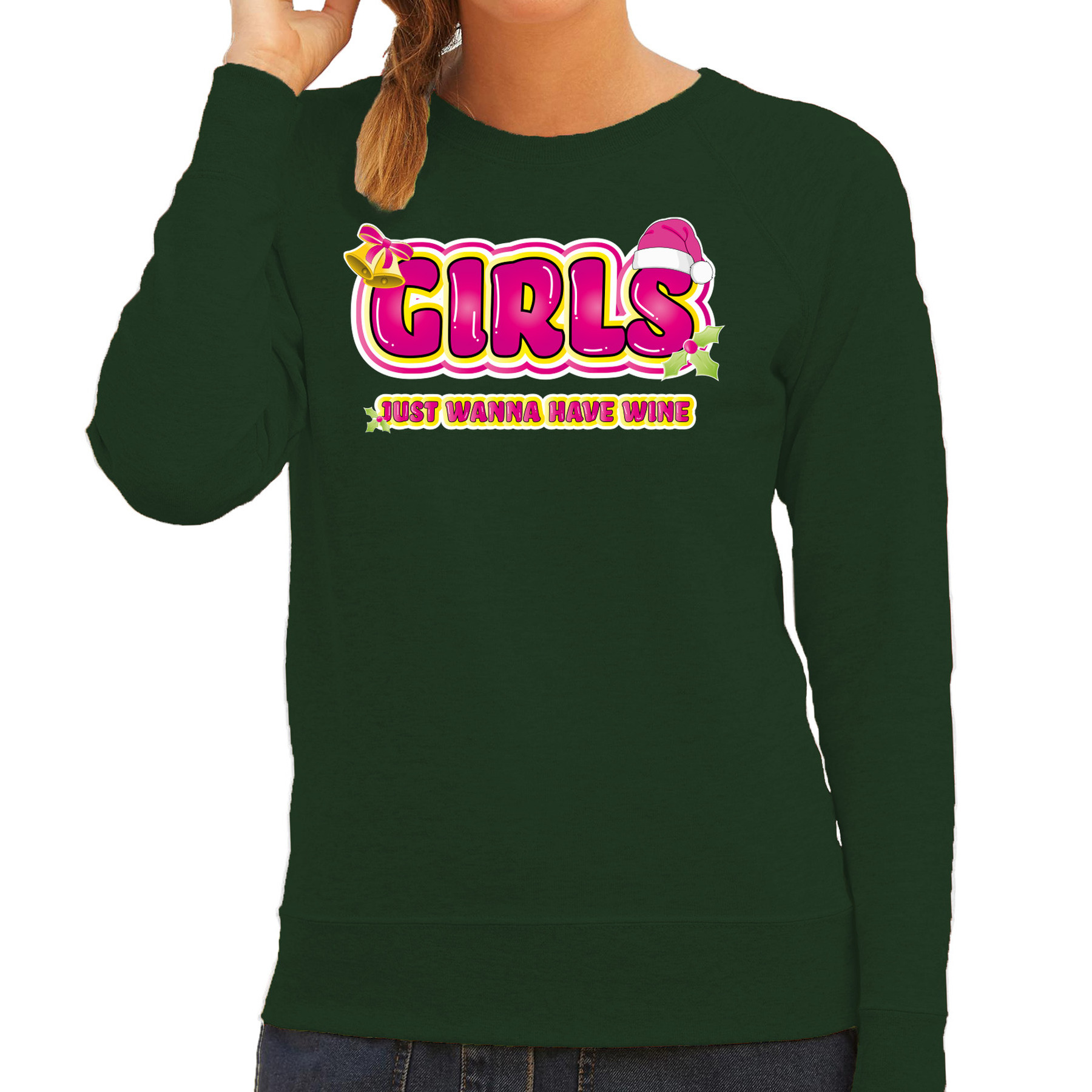 Foute kersttrui-sweater voor dames girls just wanna have wine groen-roze wijn