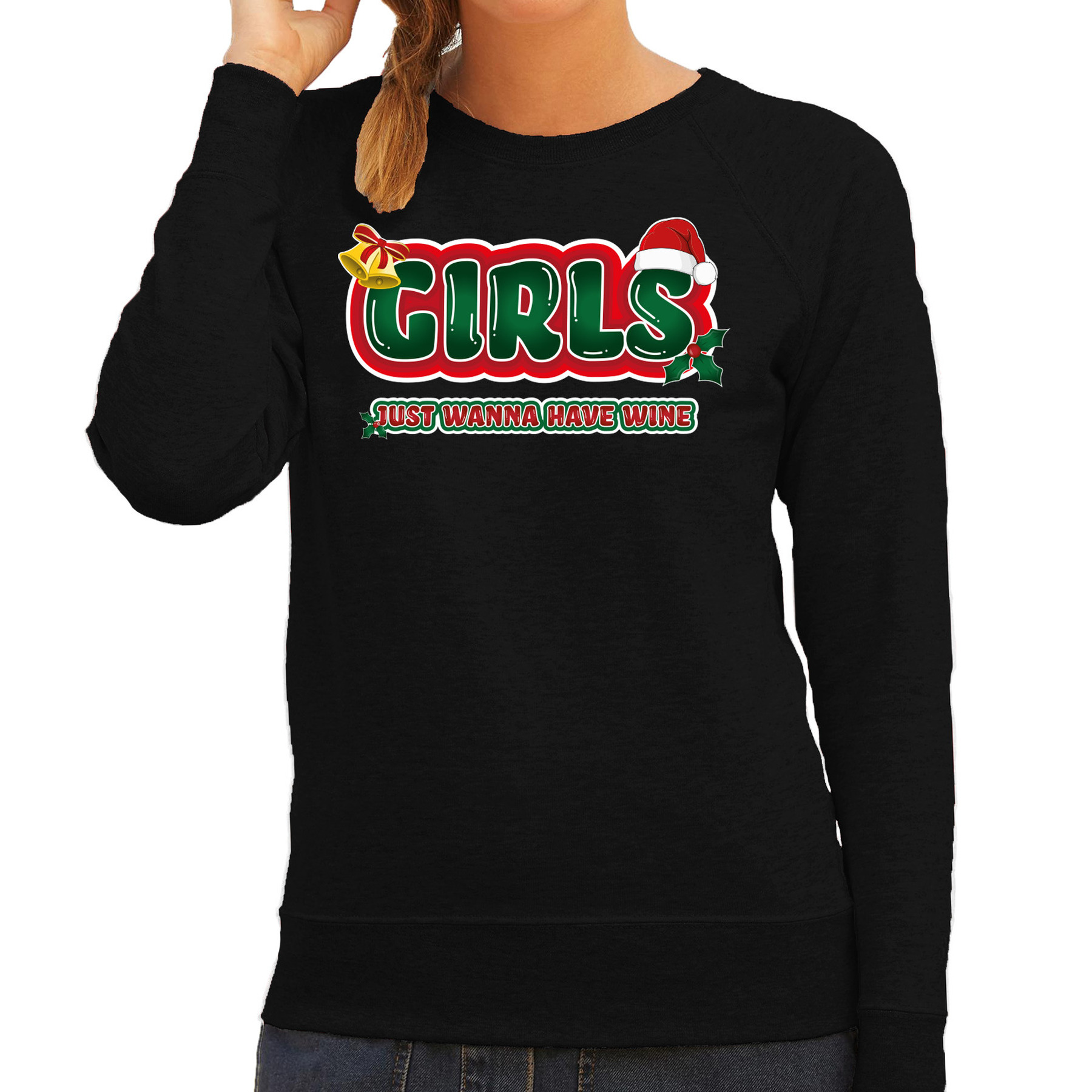 Foute kersttrui-sweater voor dames girls just wanna have wine zwart-rood wijn