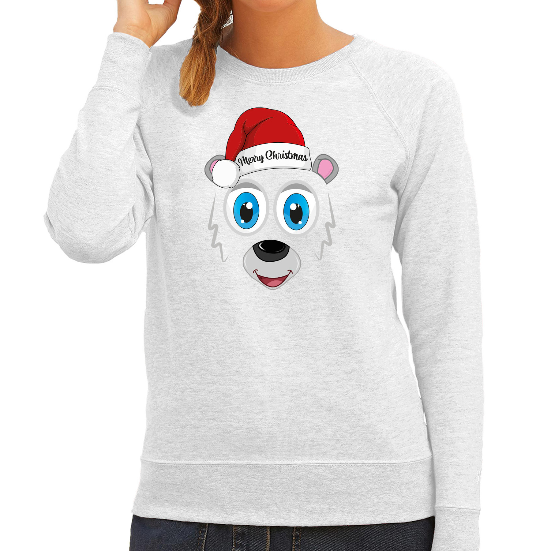 Foute Kersttrui-sweater voor dames IJsbeer gezicht lichtgrijs Merry Christmas
