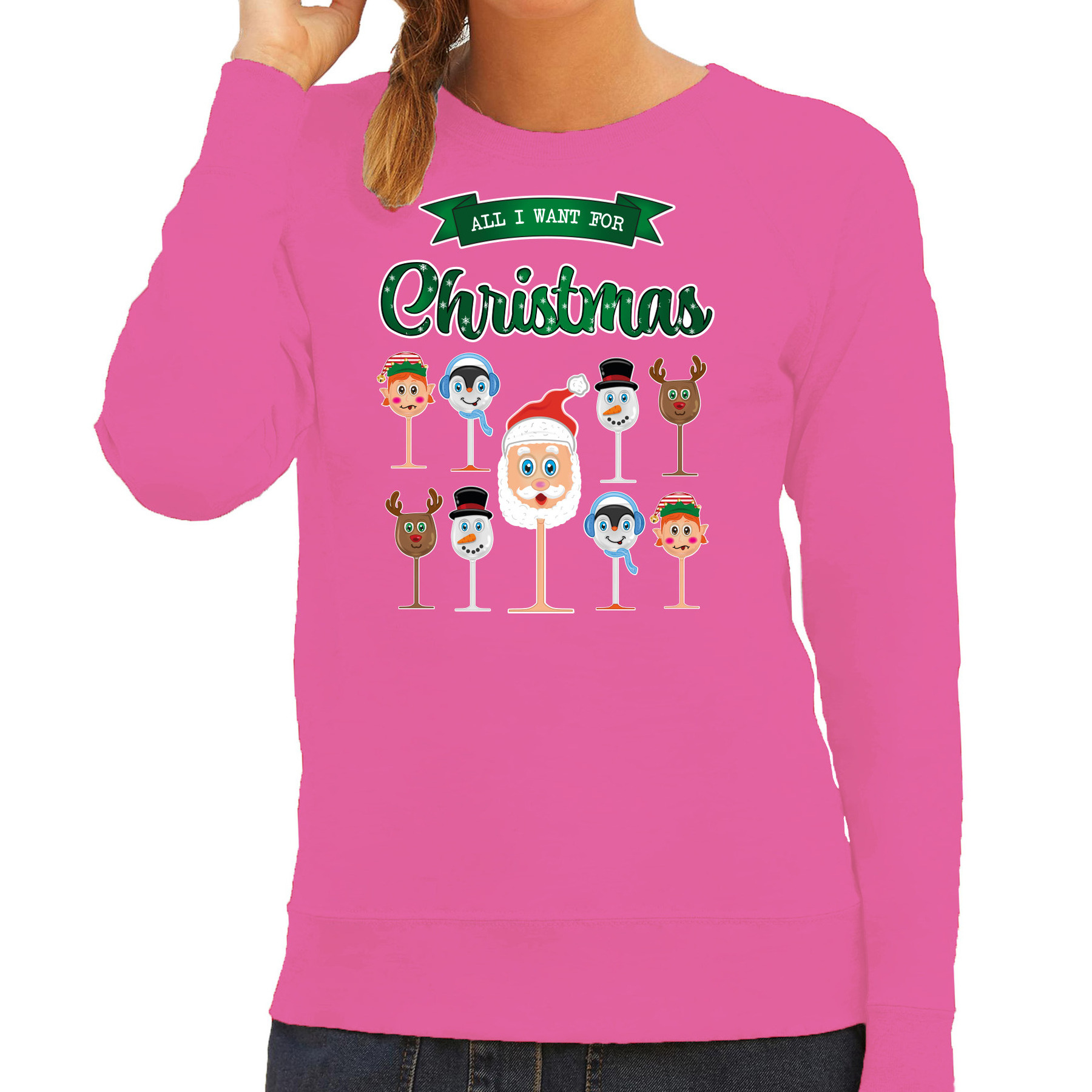 Foute Kersttrui-sweater voor dames Kerst Wijn roze All I Want For Christmas