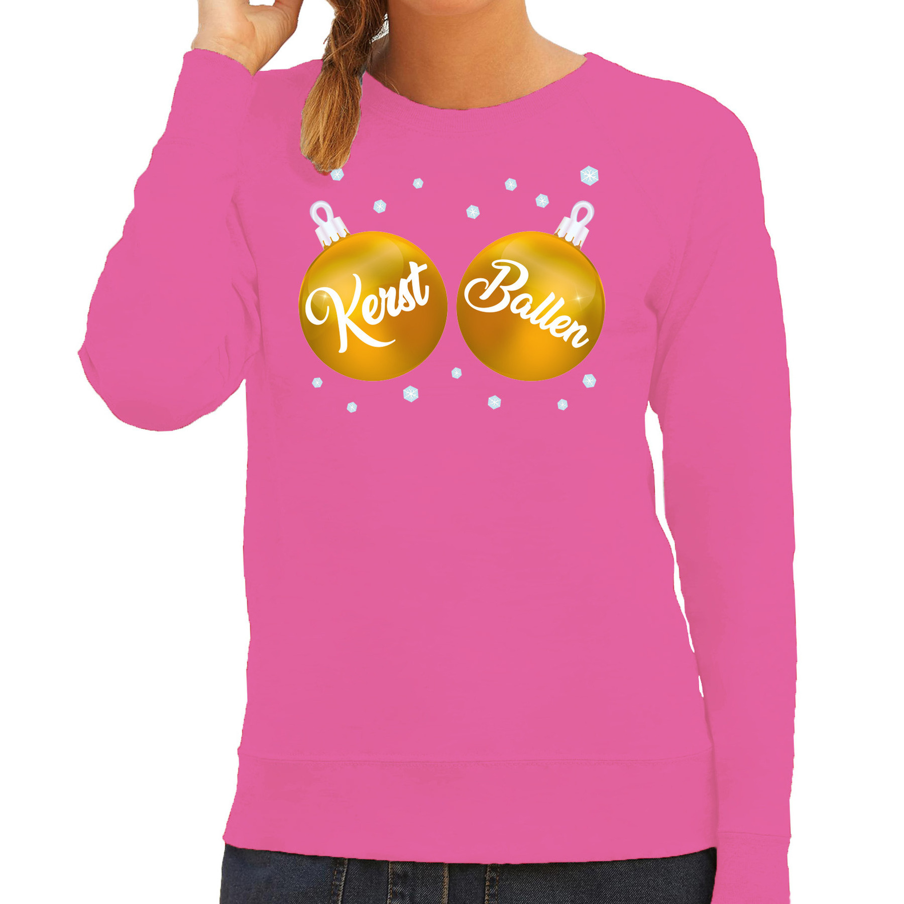 Foute kersttrui-sweater voor dames kerstballen roze gouden ballen kerst bal