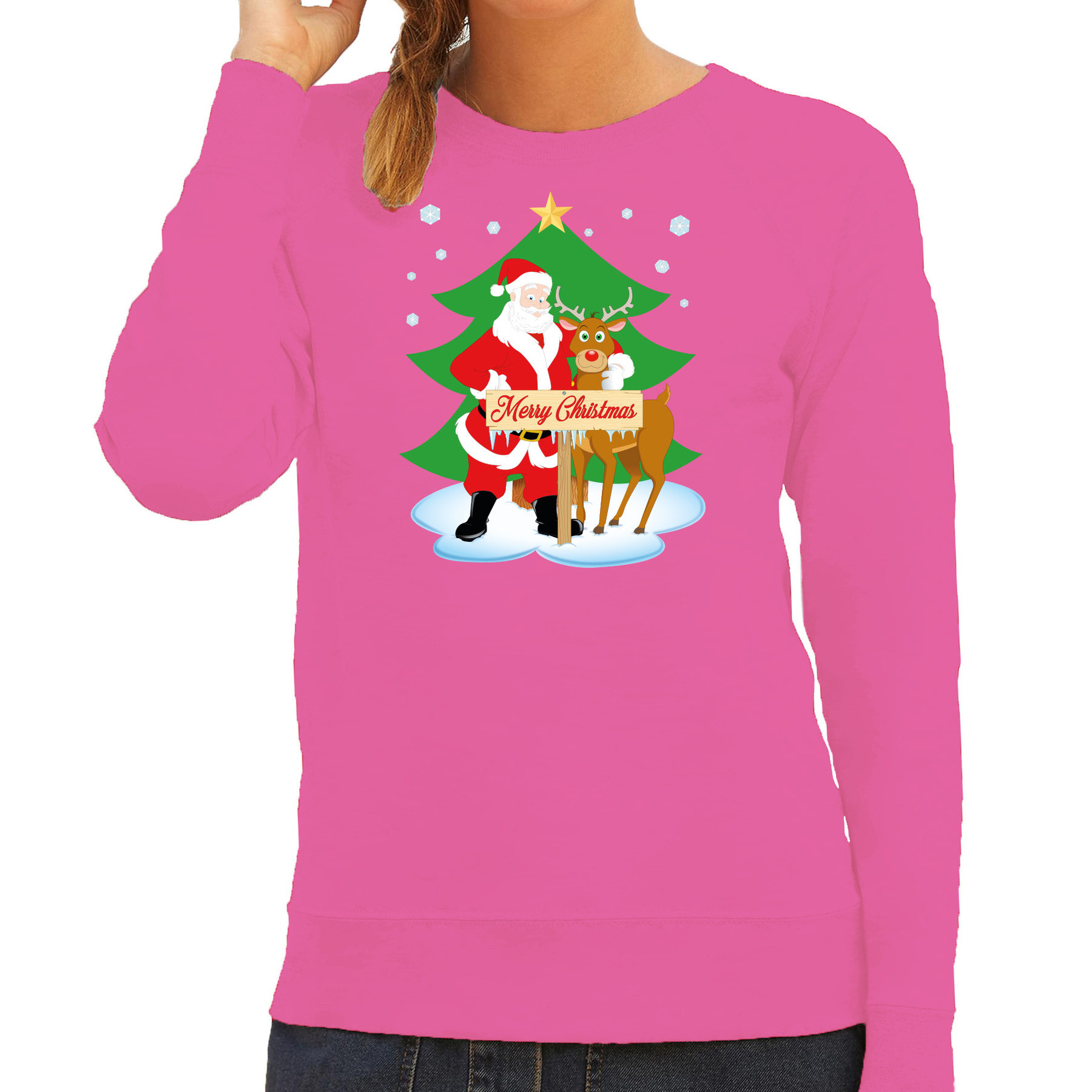Foute kersttrui-sweater voor dames kerstman en rudolf roze Merry Christmas